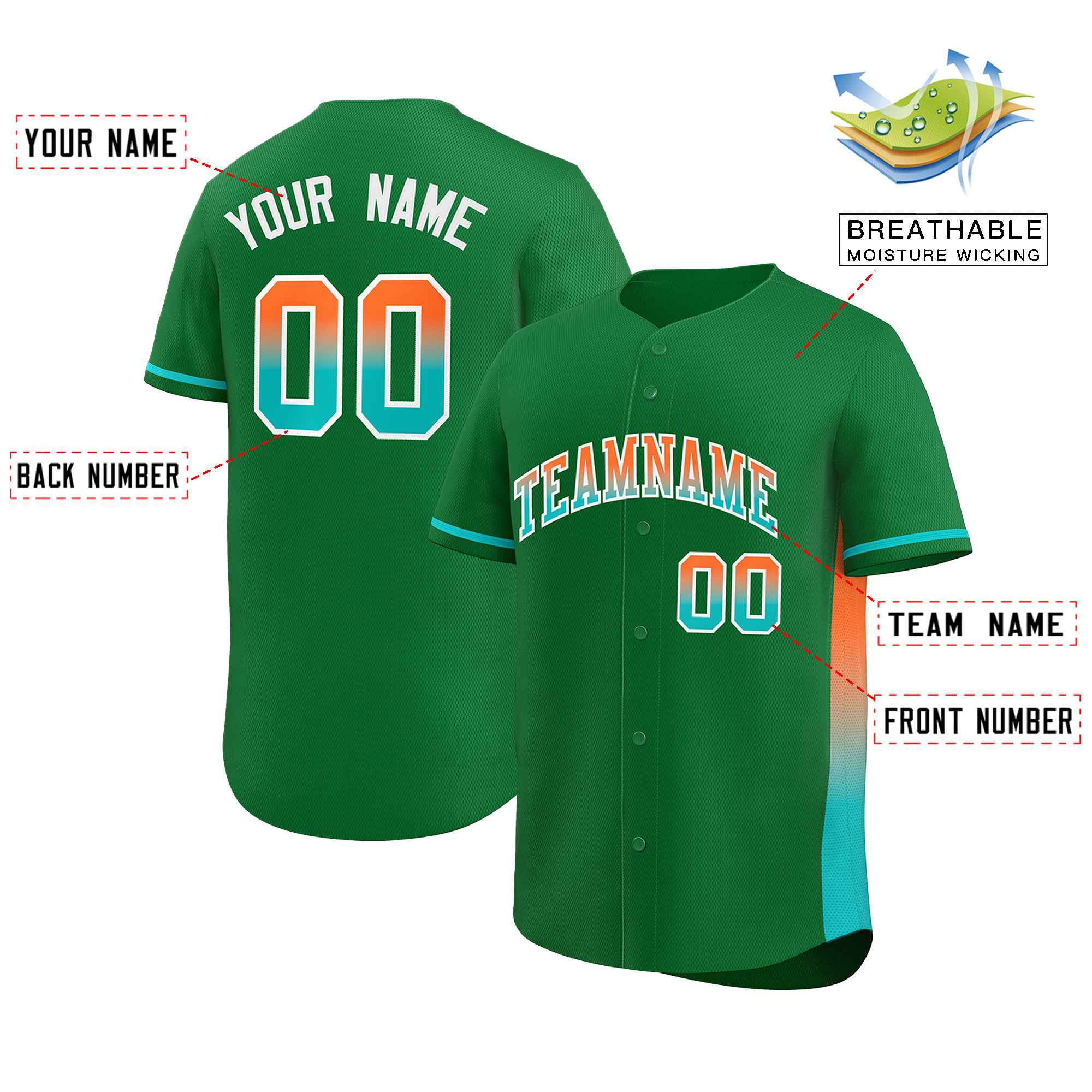 Custom Kelly Green Orange-Aqua Personalized Gradient Font And Side Design Authentic Baseball Jersey