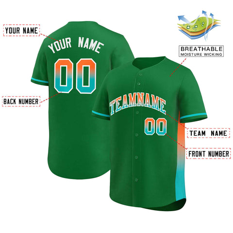 Custom Kelly Green Orange-Aqua Personalized Gradient Font And Side Design Authentic Baseball Jersey