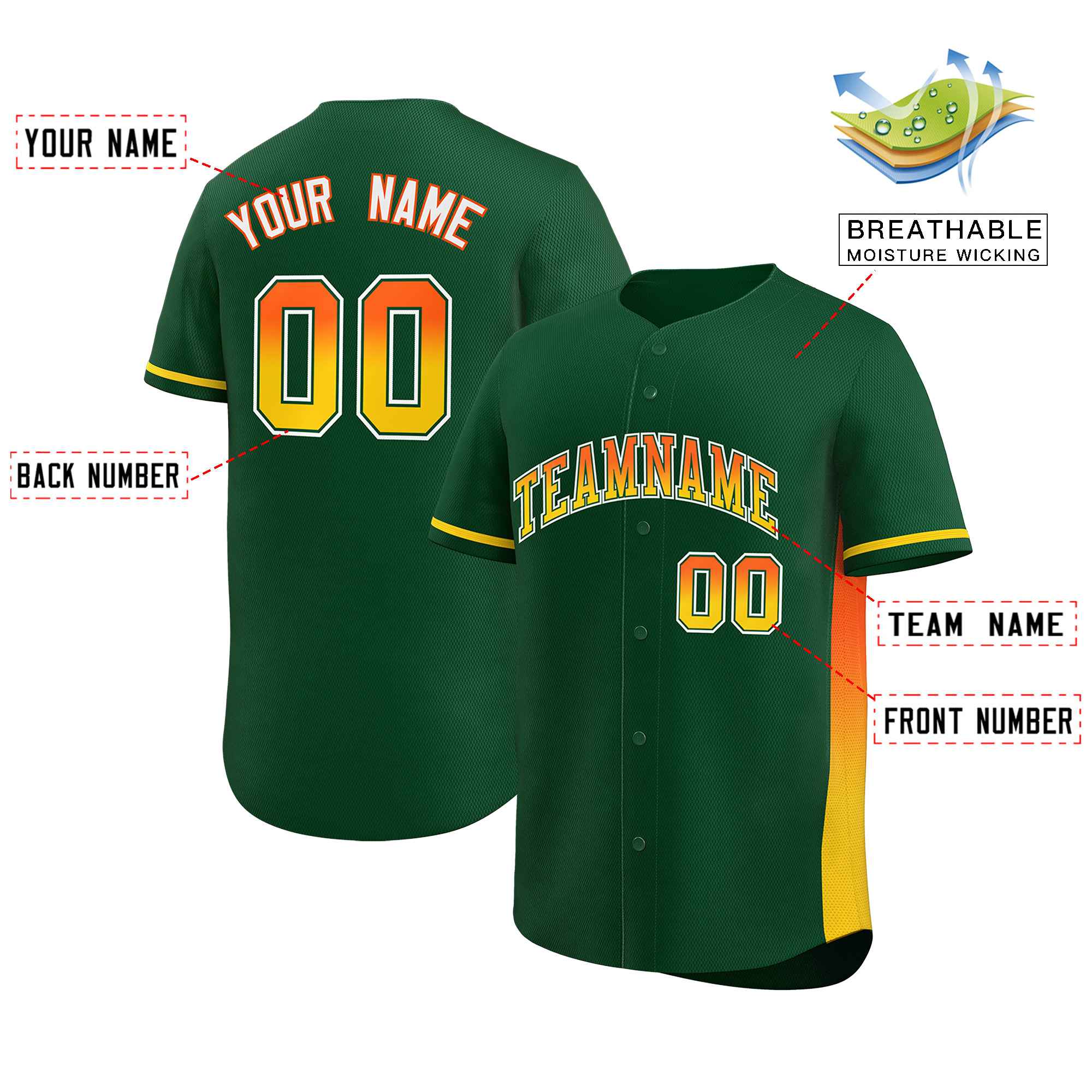 Custom Green Orange-Gold Personalized Gradient Font And Side Design Authentic Baseball Jersey