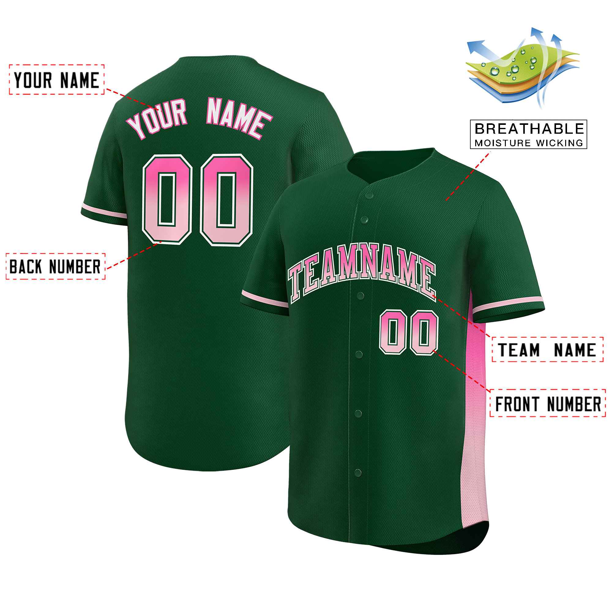 Custom Green Pink-Lt Pink Personalized Gradient Font And Side Design Authentic Baseball Jersey