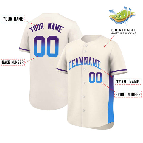 Custom Cream Purple-Powder Blue Personalized Gradient Font And Side Design Authentic Baseball Jersey