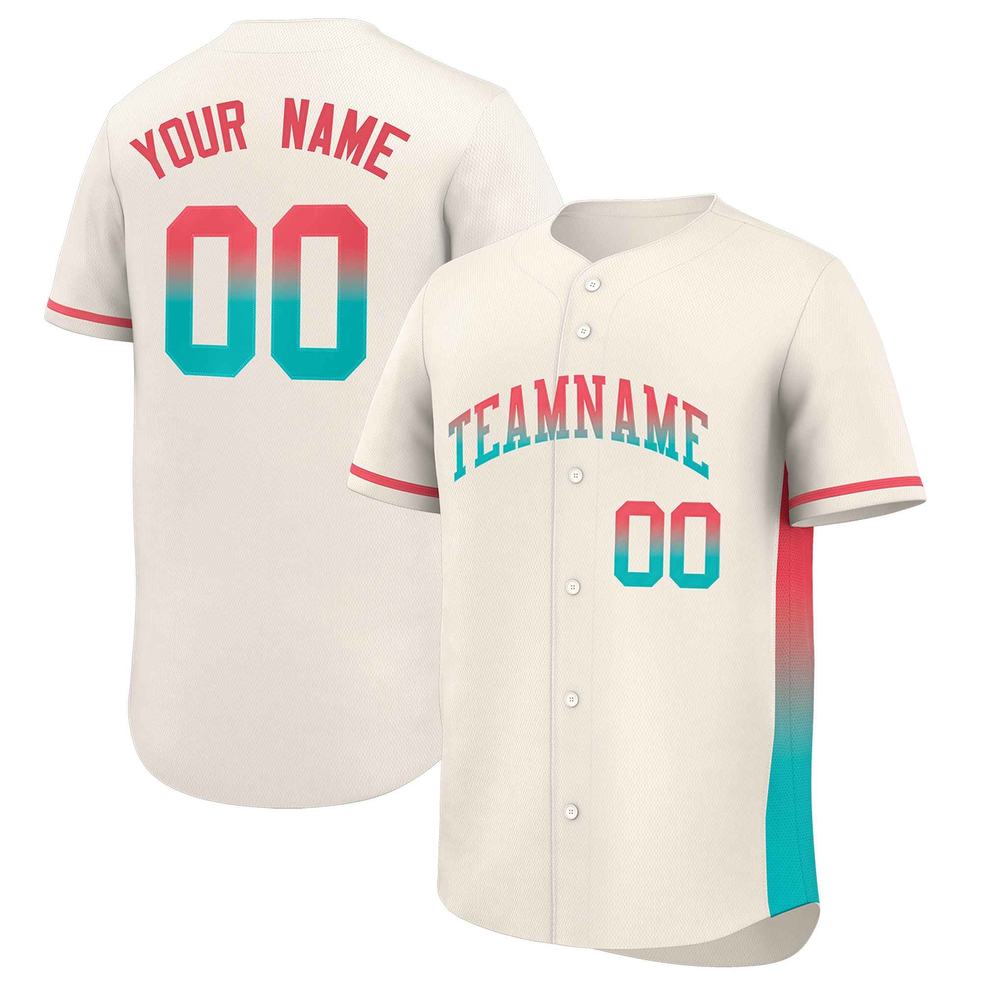 Custom Cream Lt Red-Aqua Personalized Gradient Font And Side Design Authentic Baseball Jersey