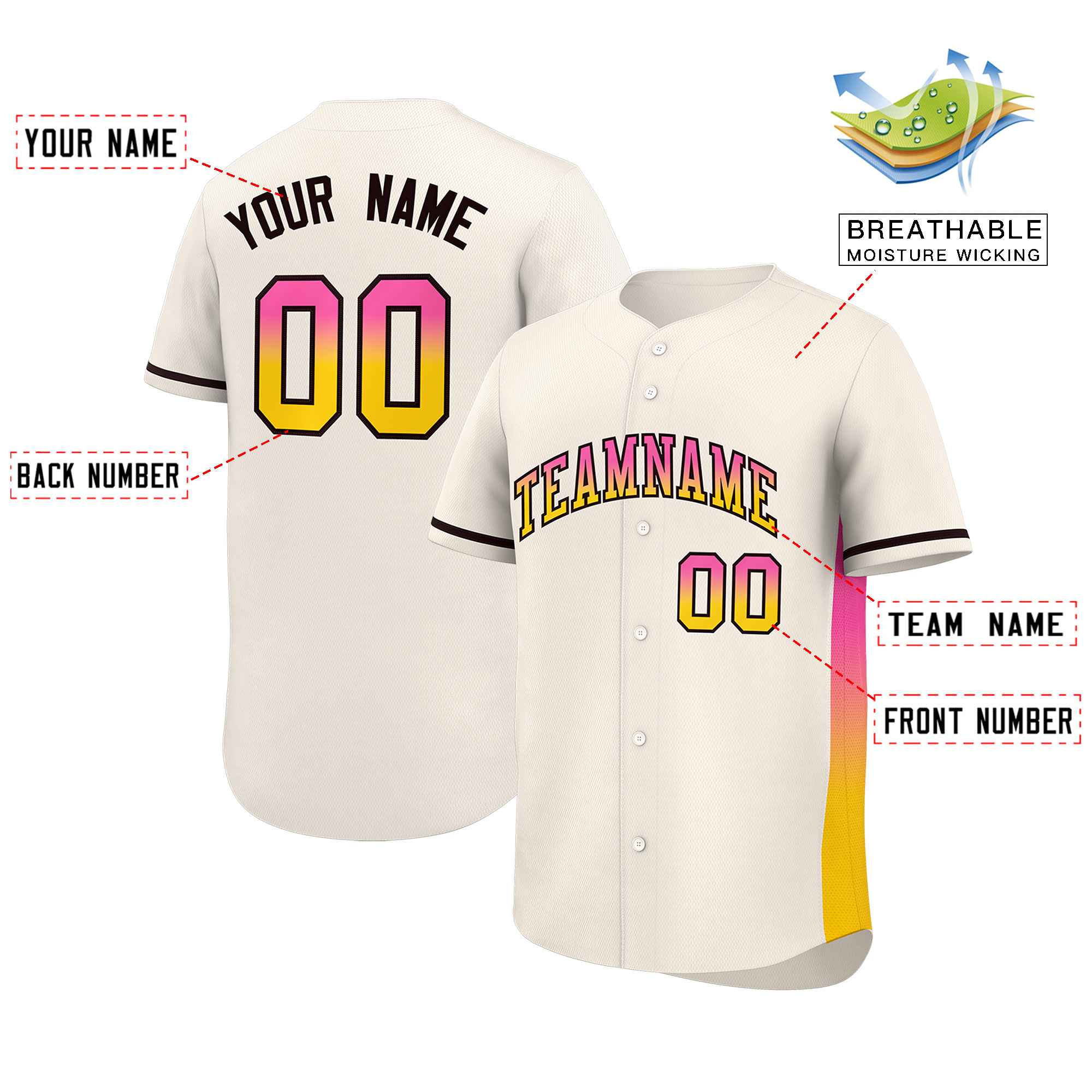 Custom Cream Pink-Gold Personalized Gradient Font And Side Design Authentic Baseball Jersey