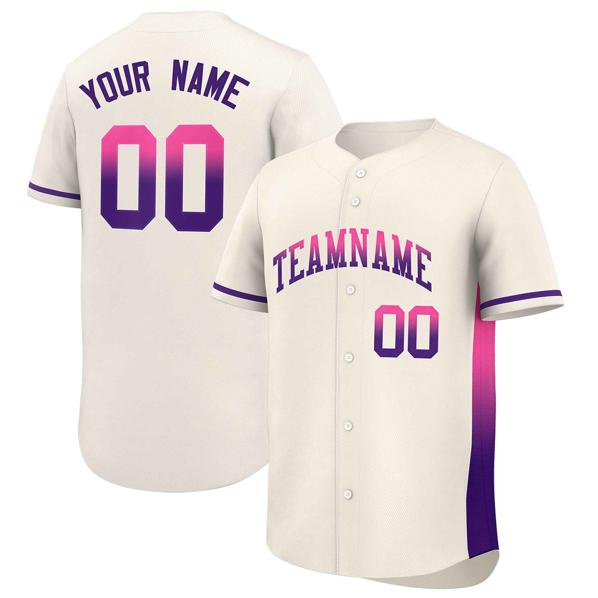 Custom Cream Pink-Purple Personalized Gradient Font And Side Design Authentic Baseball Jersey