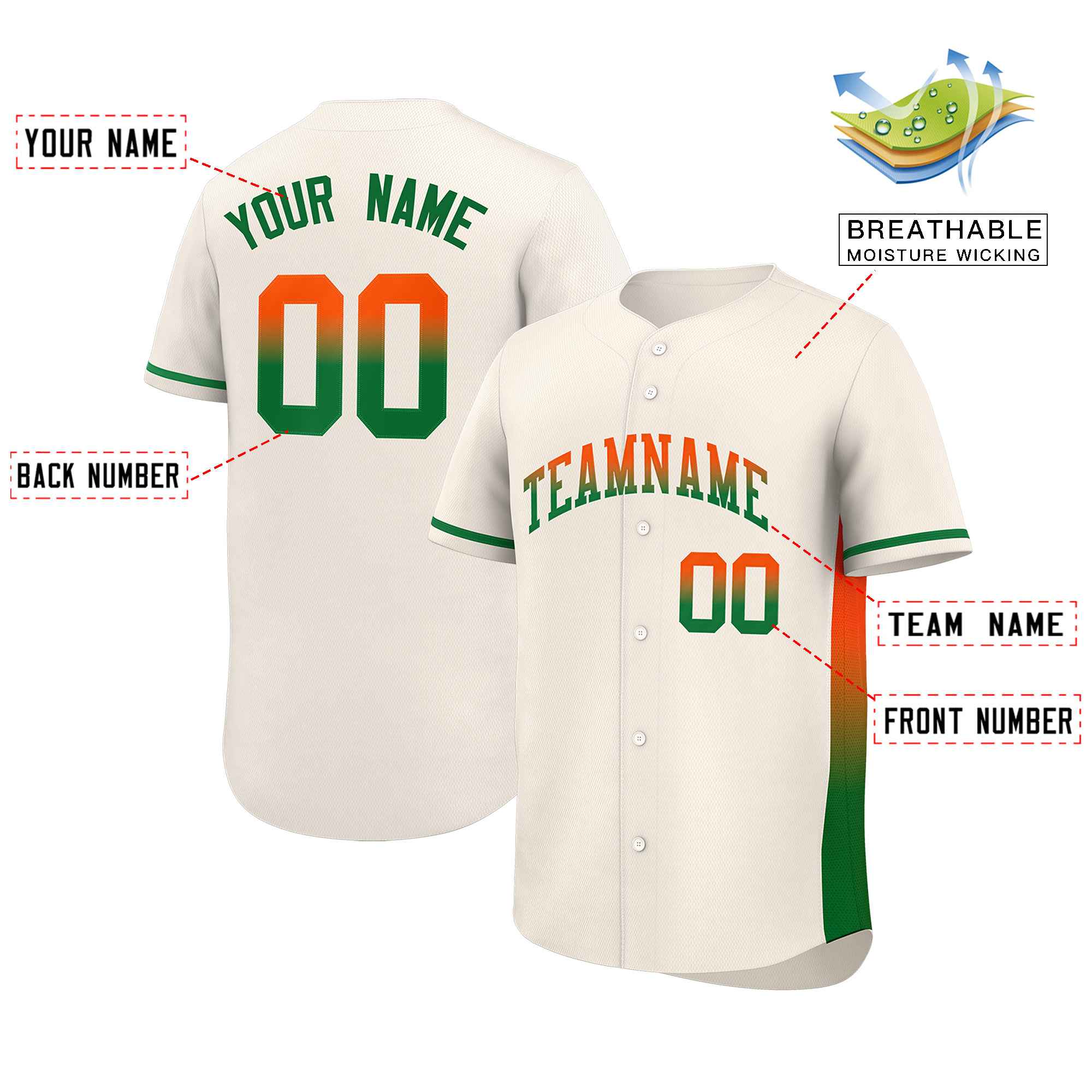 Custom Cream Orange-Kelly Green Personalized Gradient Font And Side Design Authentic Baseball Jersey