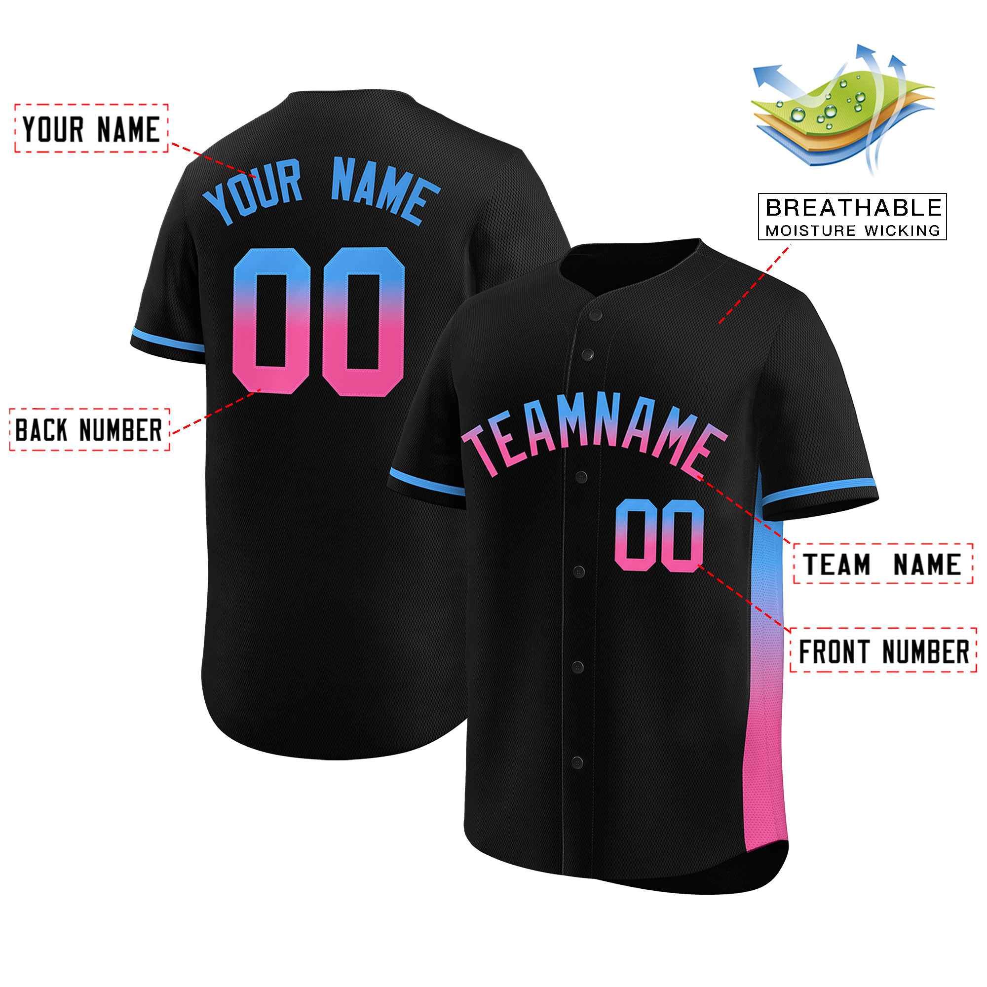 Custom Black Powder Blue-Pink Personalized Gradient Font And Side Design Authentic Baseball Jersey