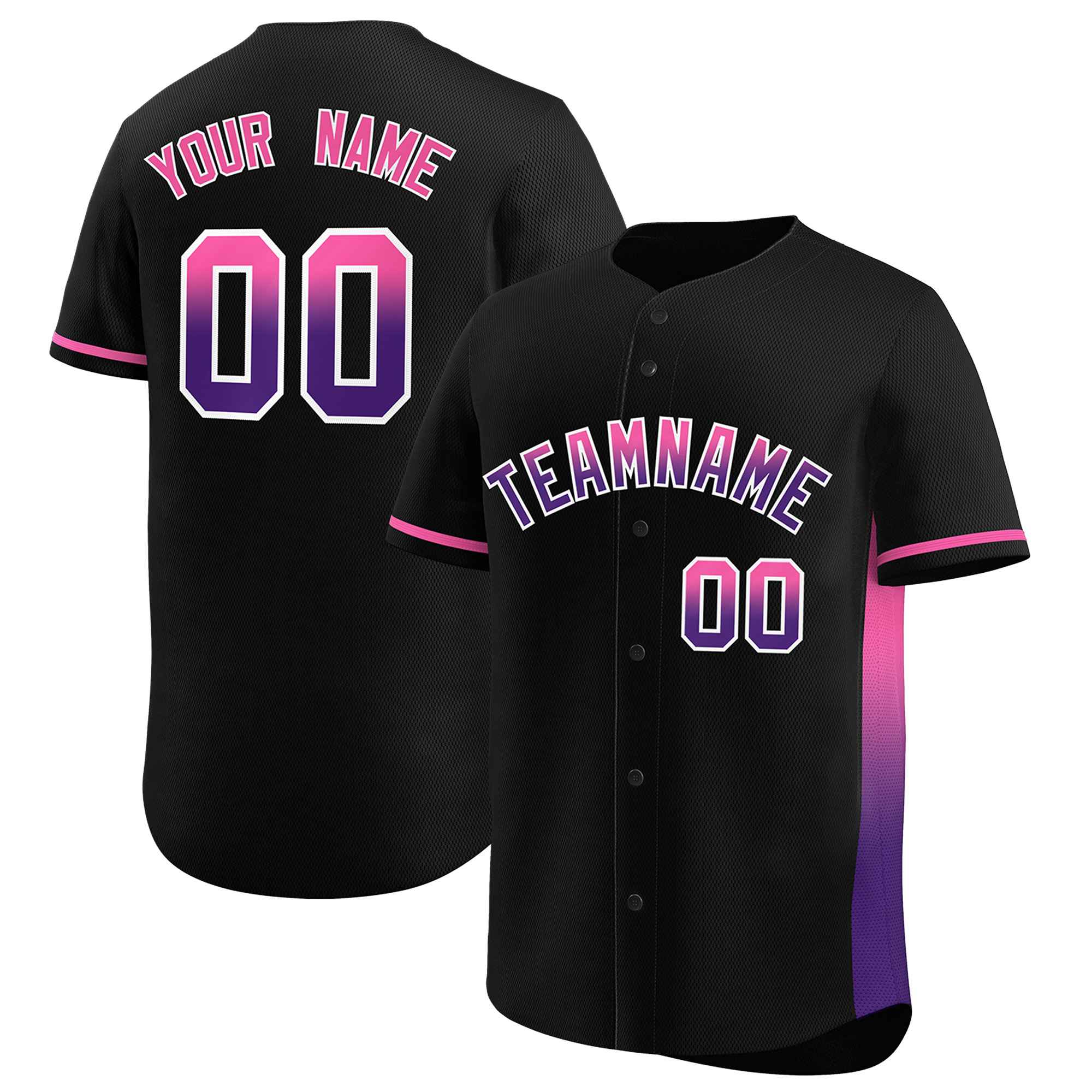 Custom Black Pink-Purple Personalized Gradient Font And Side Design Authentic Baseball Jersey