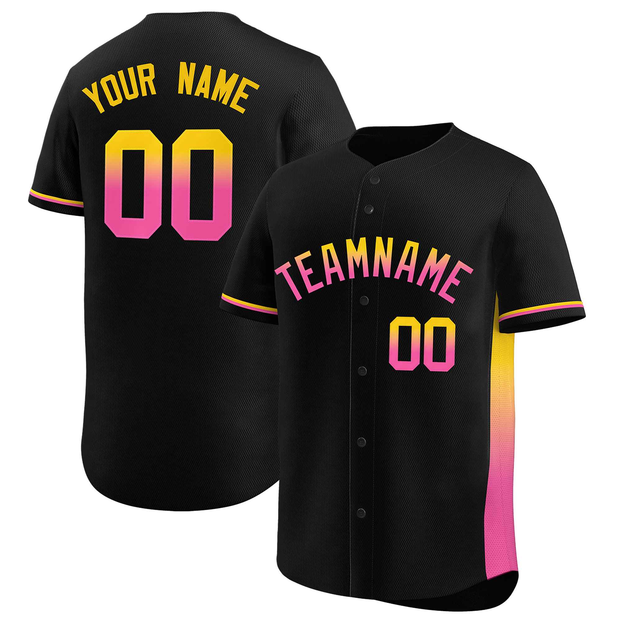 Custom Black Gold-Pink Personalized Gradient Font And Side Design Authentic Baseball Jersey