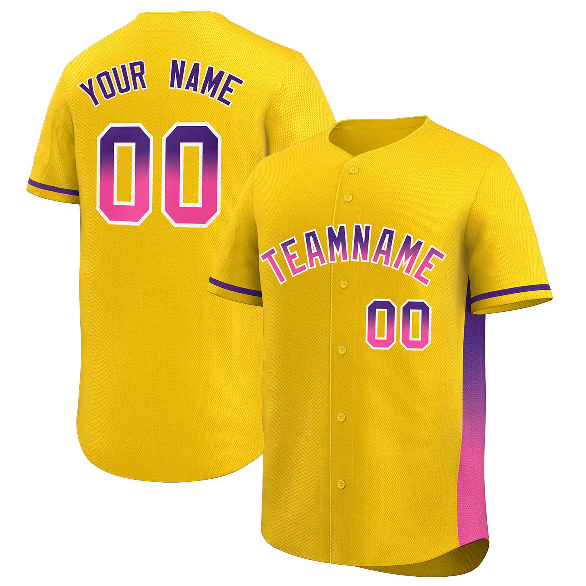 Custom Gold Purple-Pink Personalized Gradient Font And Side Design Authentic Baseball Jersey