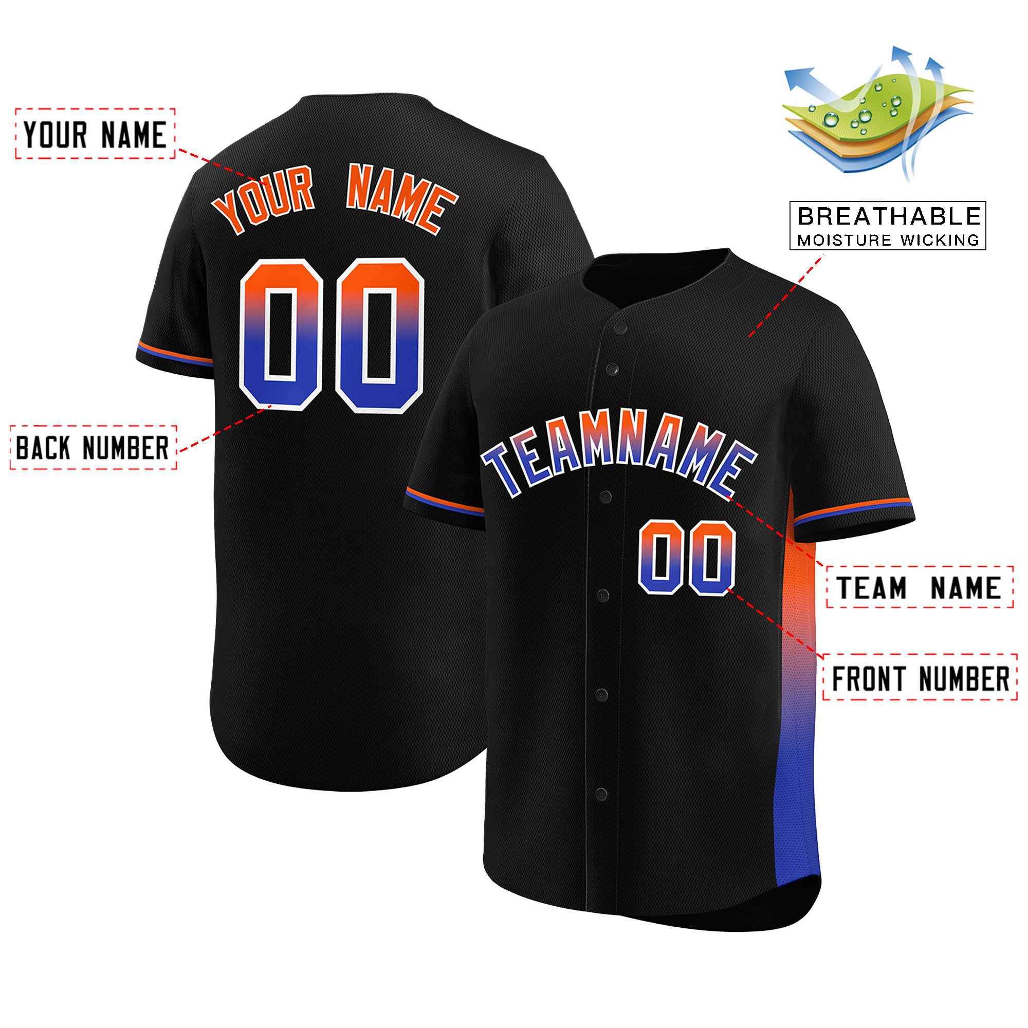 Custom Black Orange-Royal Personalized Gradient Font And Side Design Authentic Baseball Jersey