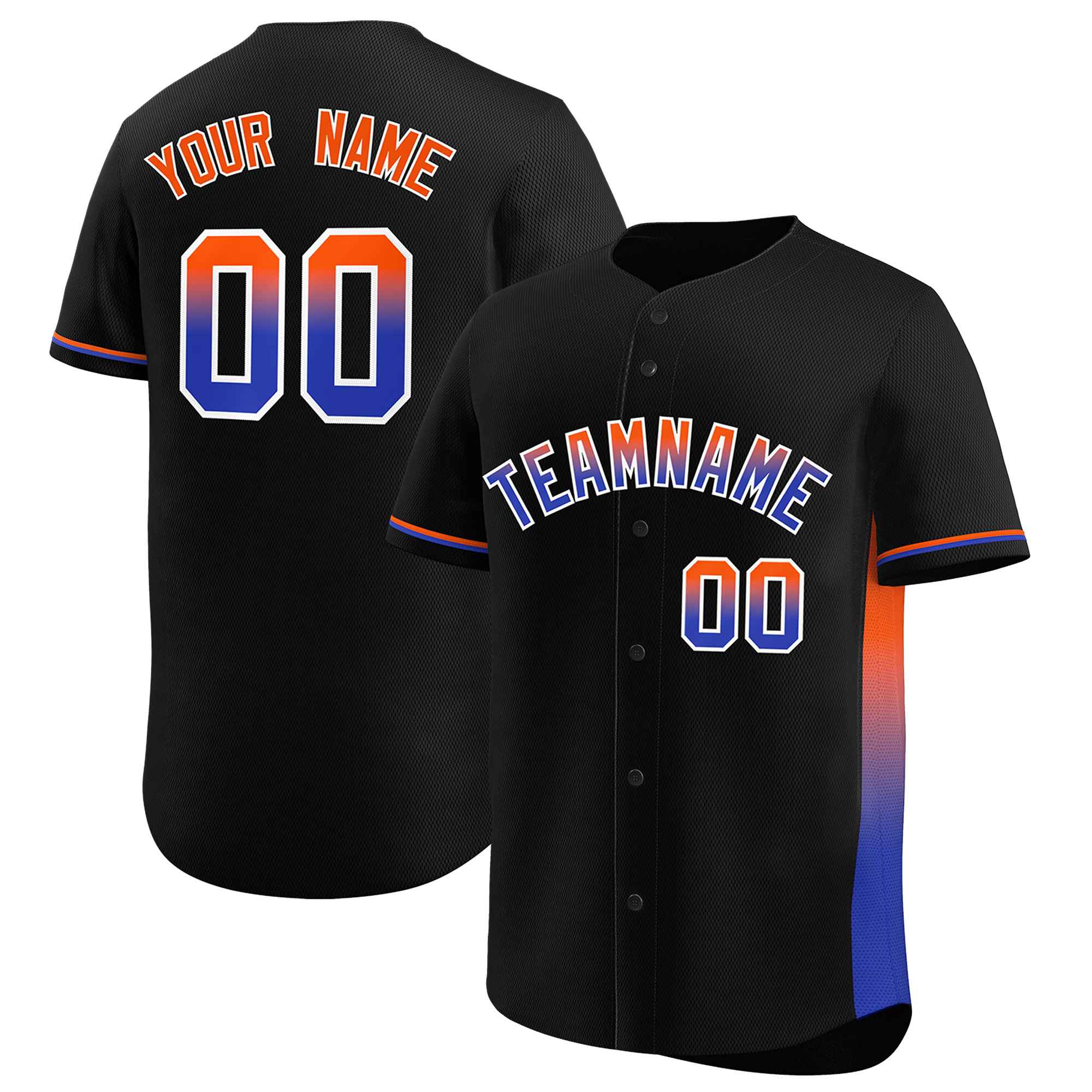 Custom Black Orange-Royal Personalized Gradient Font And Side Design Authentic Baseball Jersey