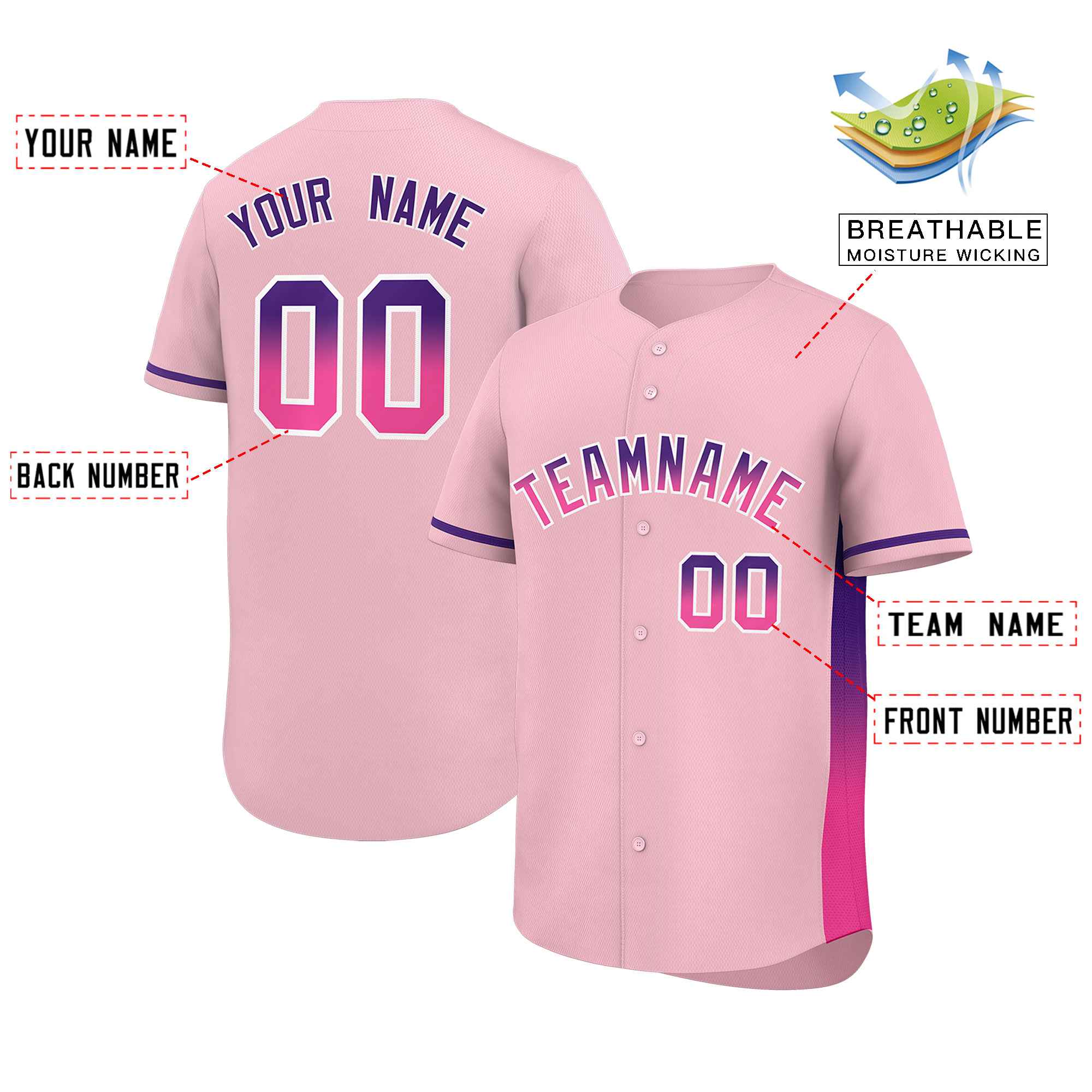 Custom Light Pink Purple-Pink Personalized Gradient Font And Side Design Authentic Baseball Jersey