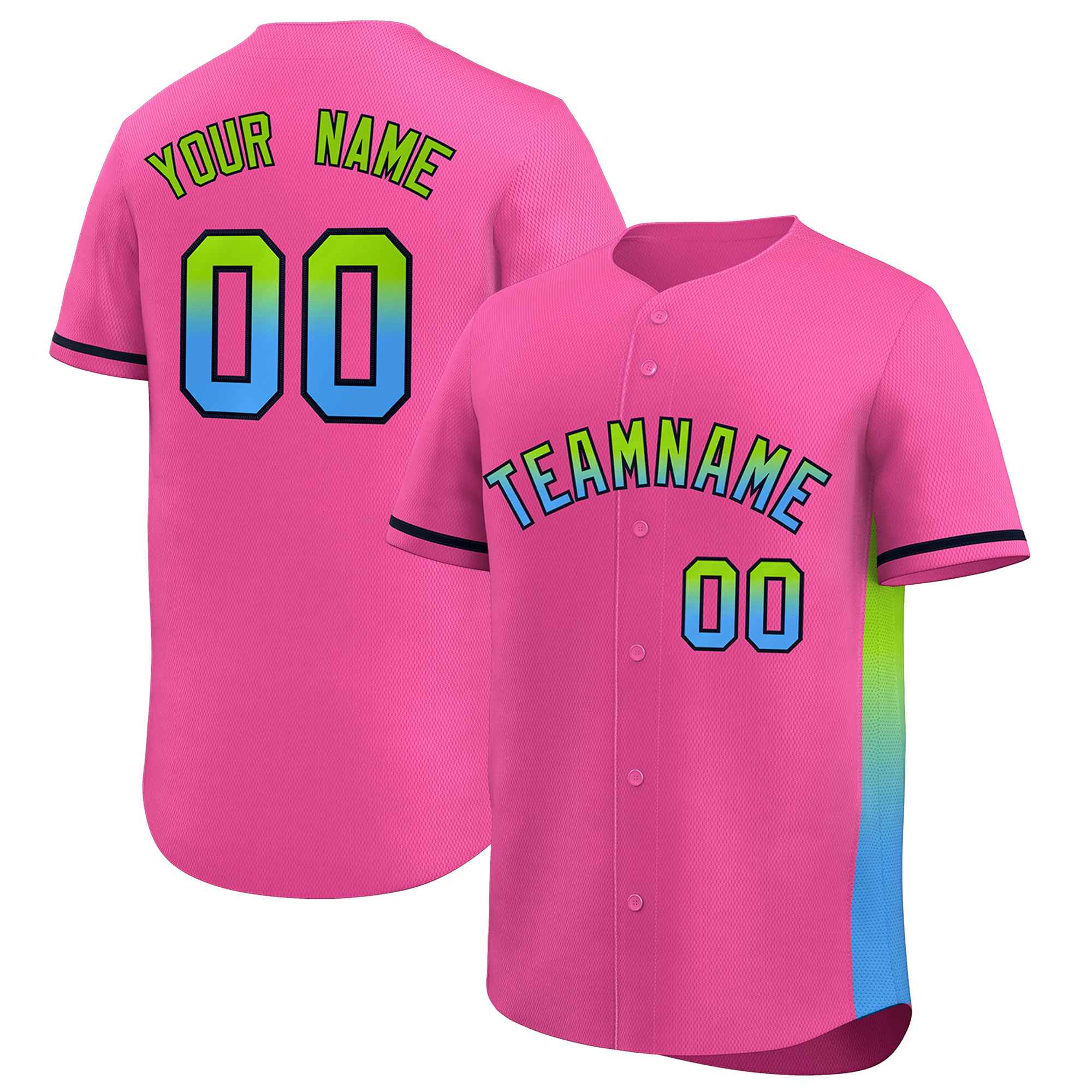 Custom Pink Neon Green-Powder Blue Personalized Gradient Font And Side Design Authentic Baseball Jersey