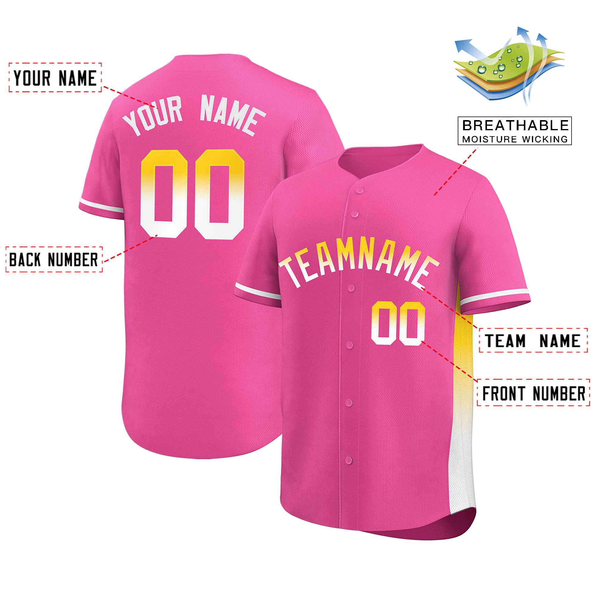 Custom Pink Gold-White Personalized Gradient Font And Side Design Authentic Baseball Jersey