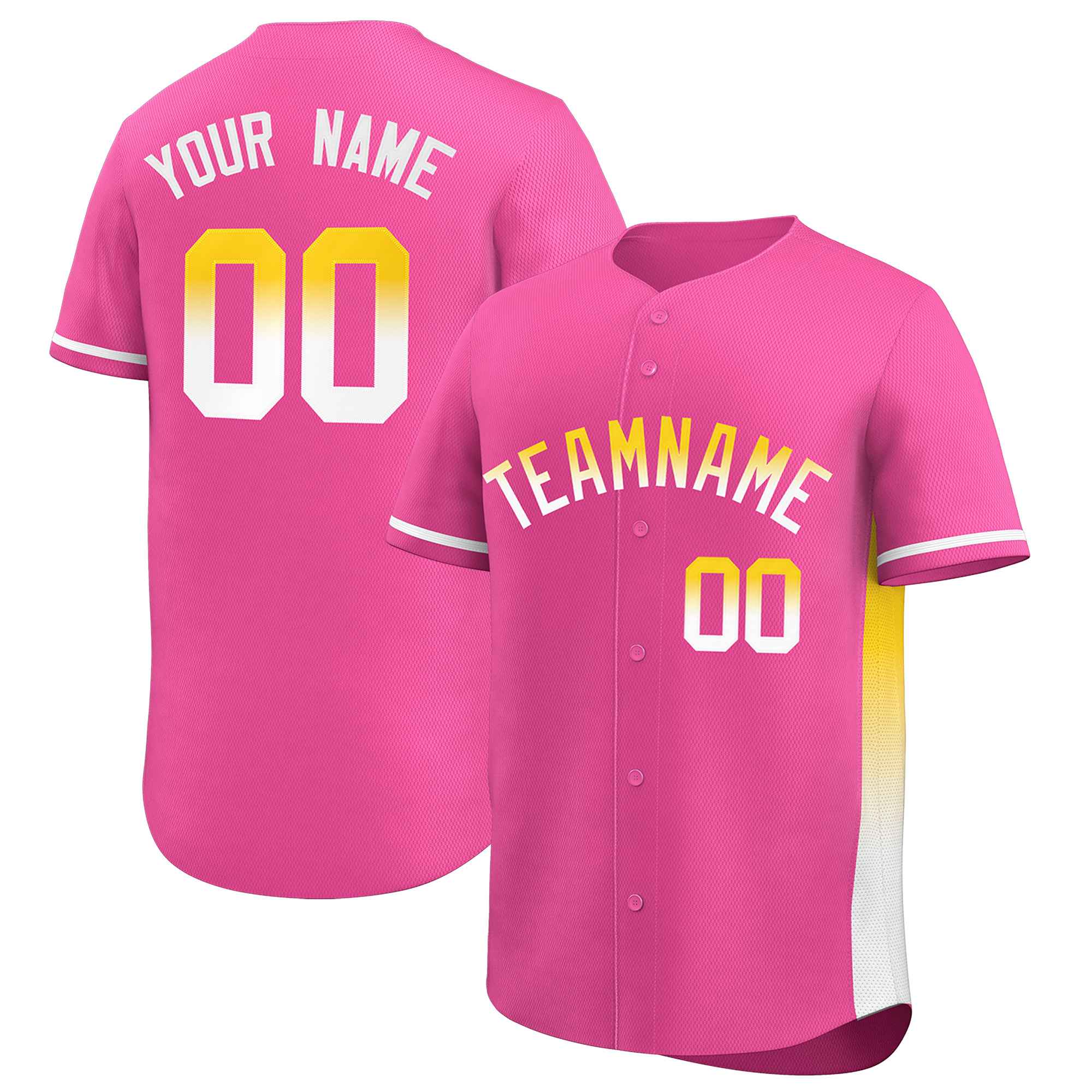 Custom Pink Gold-White Personalized Gradient Font And Side Design Authentic Baseball Jersey