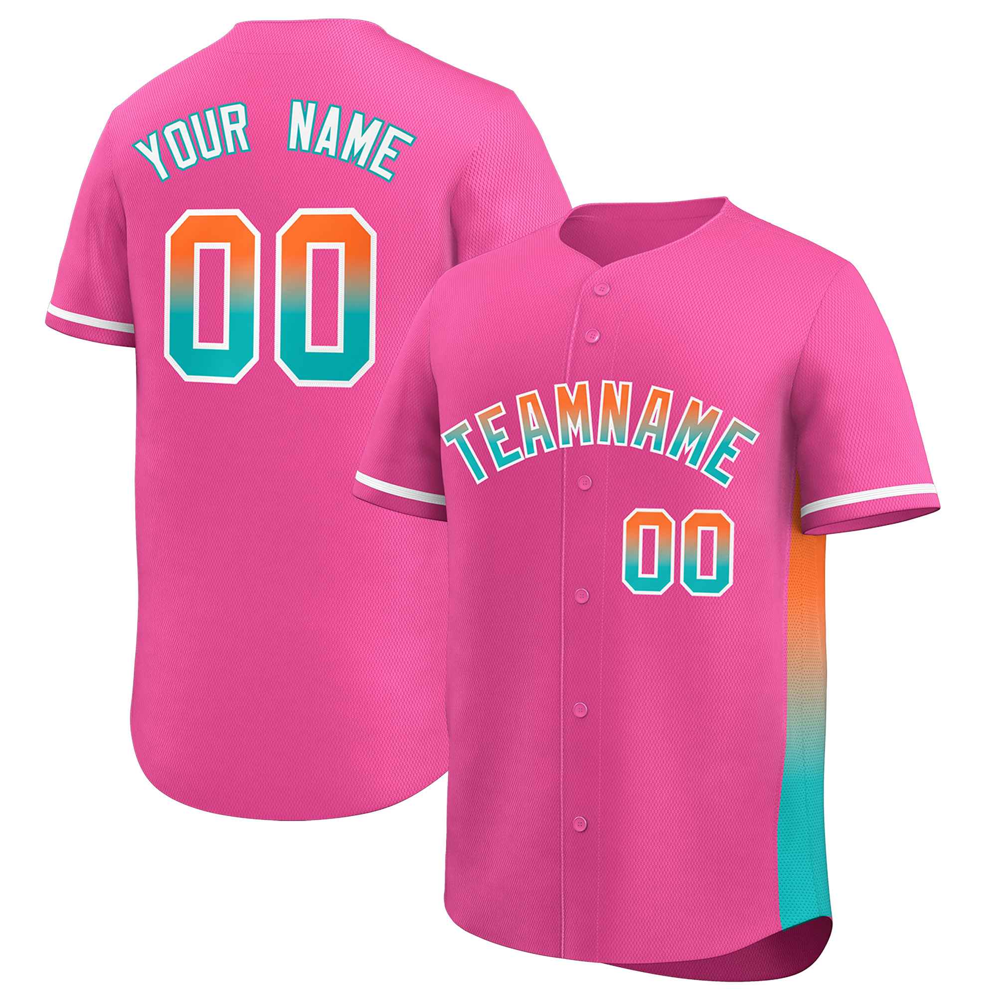 Custom Pink Orange-Aqua Personalized Gradient Font And Side Design Authentic Baseball Jersey