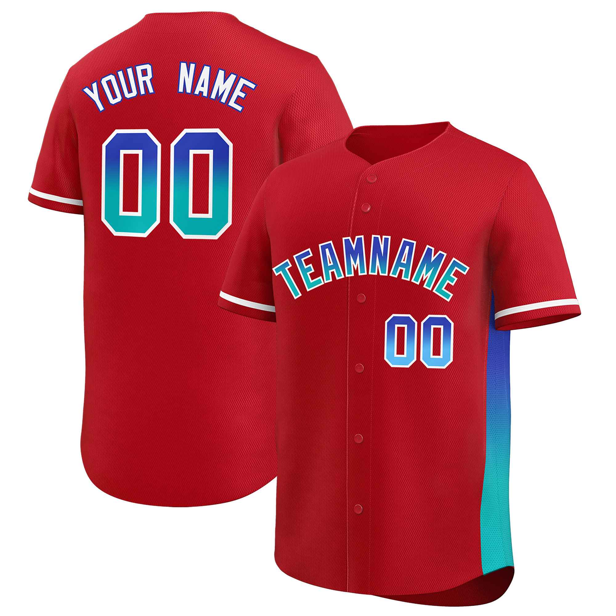 Custom Red Royal-Aqua Personalized Gradient Font And Side Design Authentic Baseball Jersey