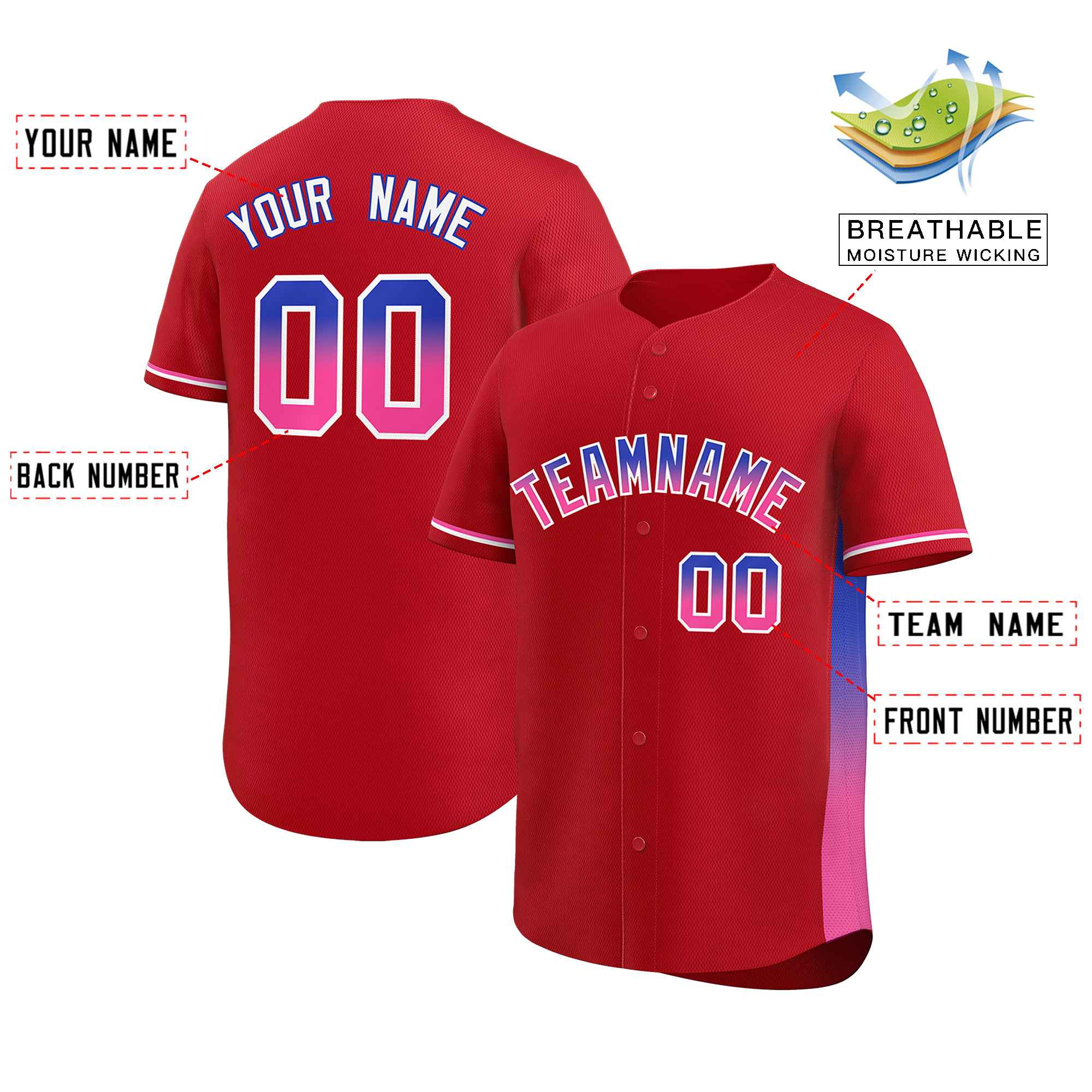 Custom Red Royal-Pink Personalized Gradient Font And Side Design Authentic Baseball Jersey