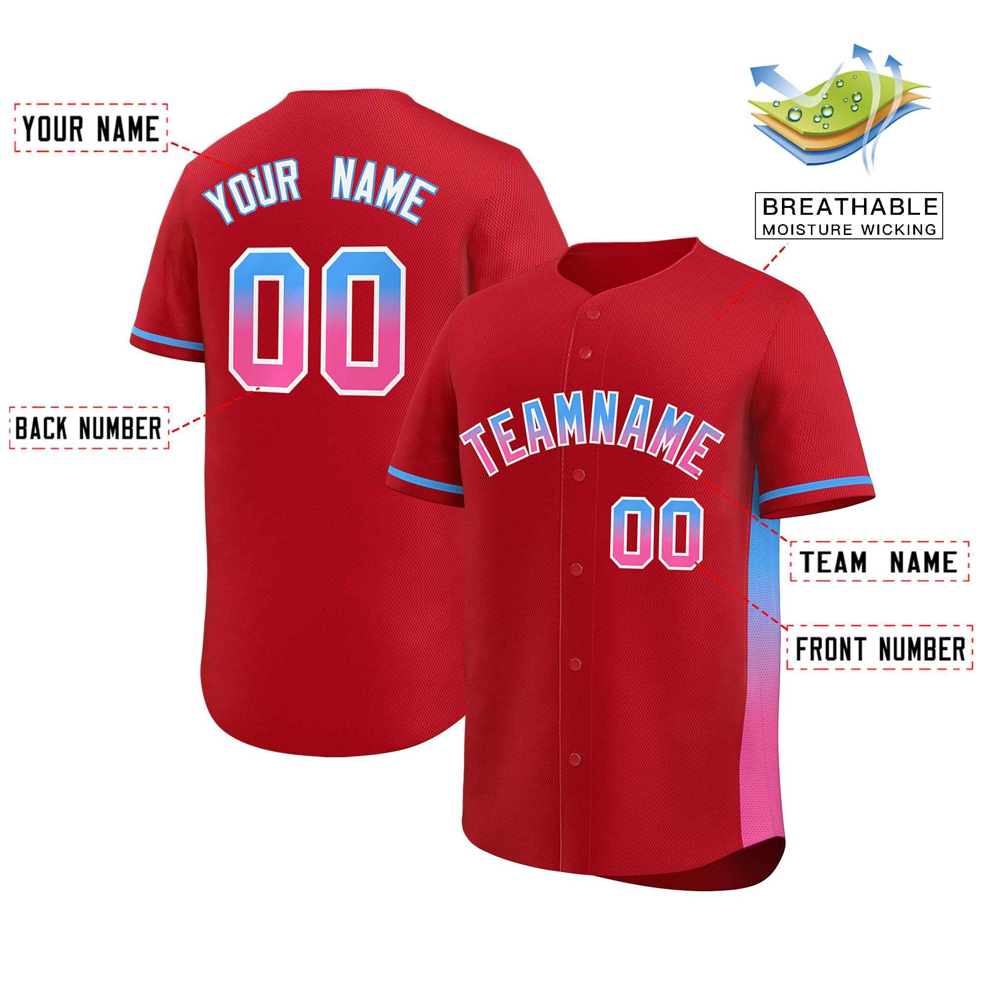 Custom Red Powder Blue-Pink Personalized Gradient Font And Side Design Authentic Baseball Jersey