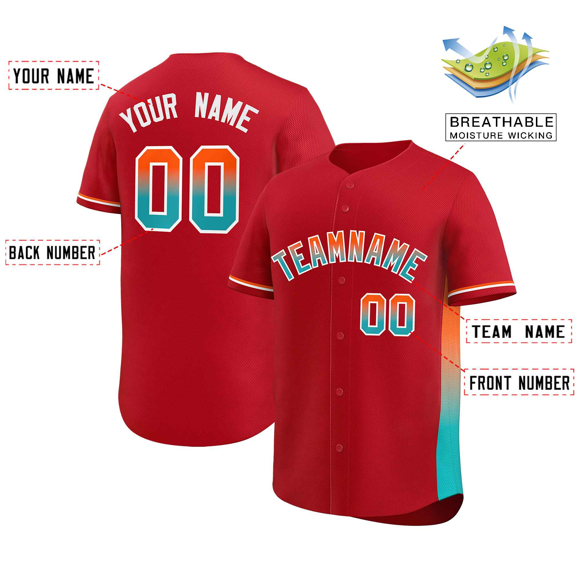 Custom Red Orange-Aqua Personalized Gradient Font And Side Design Authentic Baseball Jersey