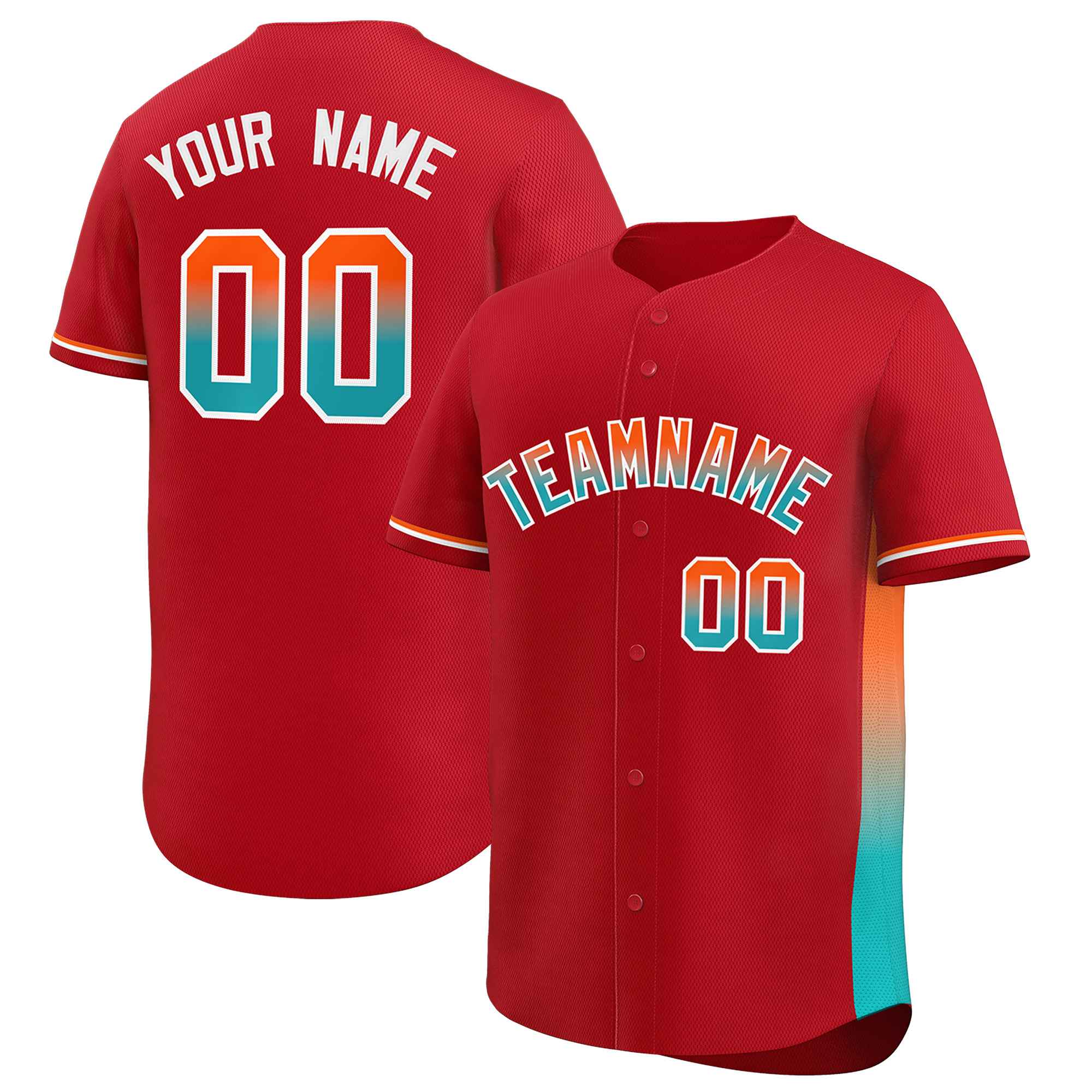 Custom Red Orange-Aqua Personalized Gradient Font And Side Design Authentic Baseball Jersey