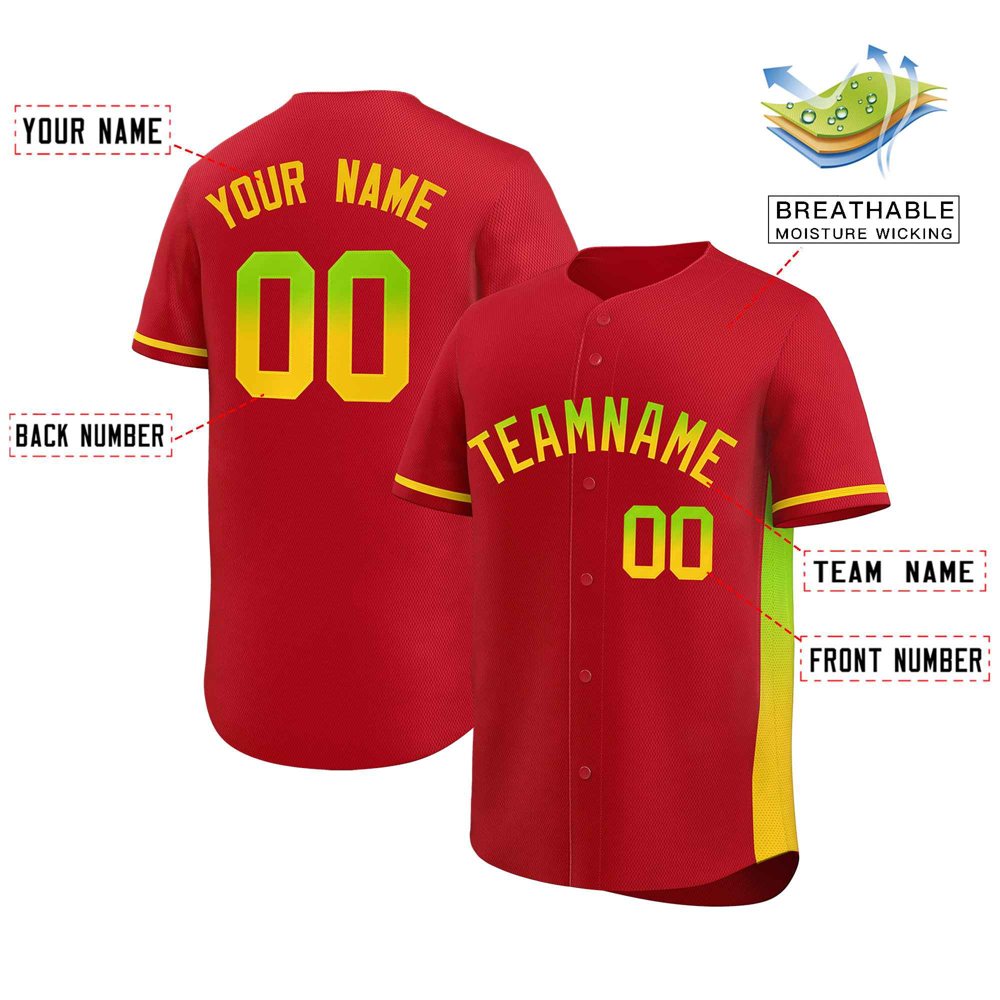 Custom Red Neon Green-Gold Personalized Gradient Font And Side Design Authentic Baseball Jersey