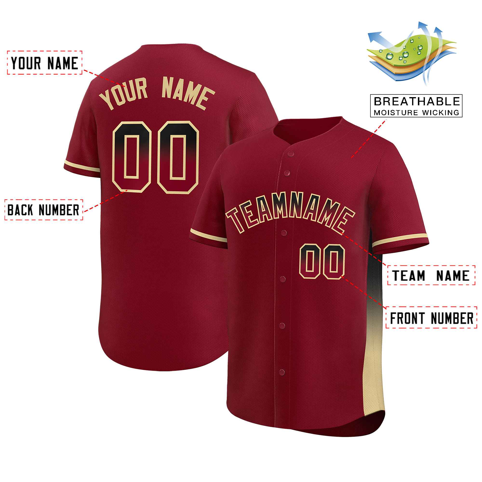 Custom Crimson Black-Khaki Personalized Gradient Font And Side Design Authentic Baseball Jersey