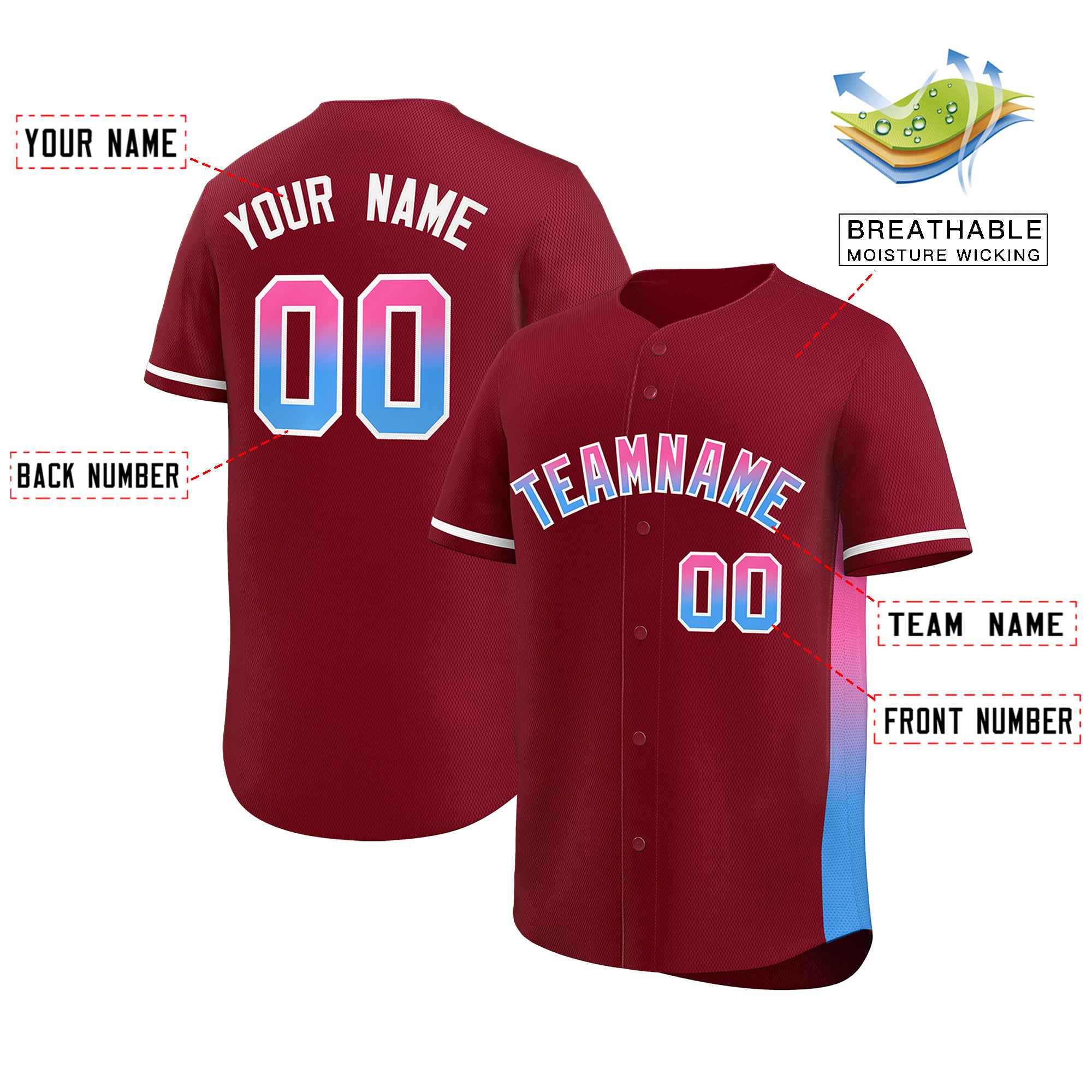 Custom Crimson Pink-Powder Blue Personalized Gradient Font And Side Design Authentic Baseball Jersey