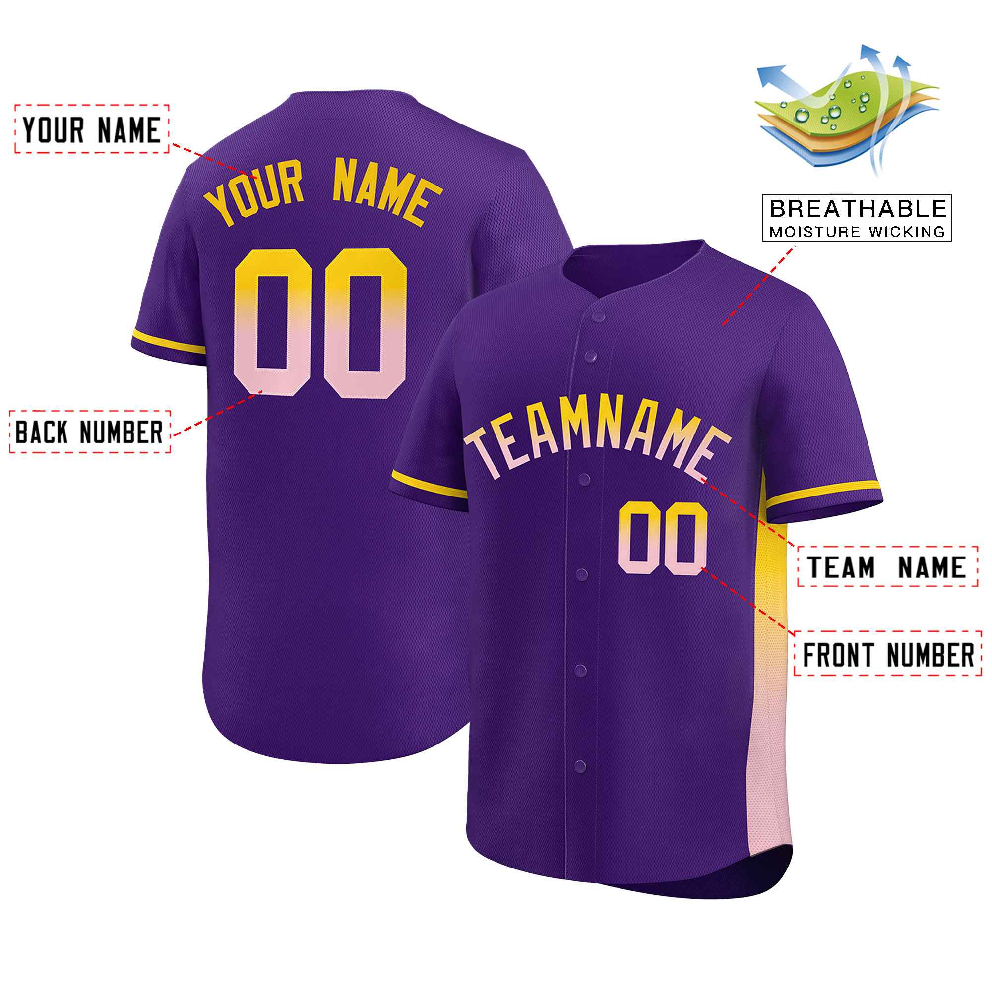 Custom Purple Gold-Lt Pink Personalized Gradient Font And Side Design Authentic Baseball Jersey