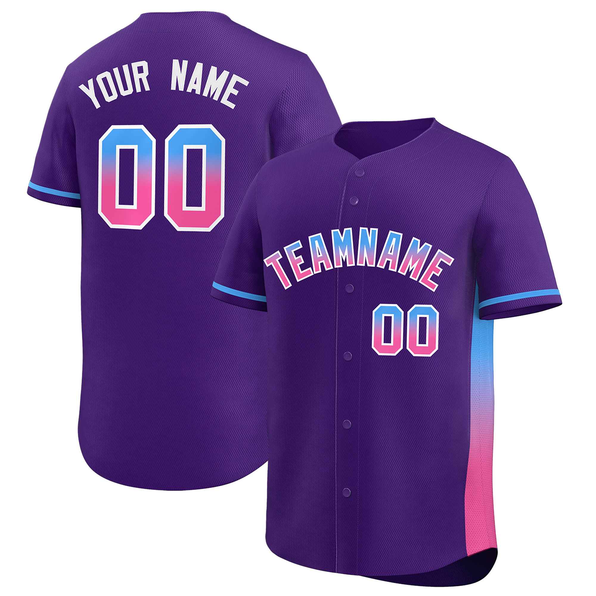 Custom Purple Powder Blue-Pink Personalized Gradient Font And Side Design Authentic Baseball Jersey