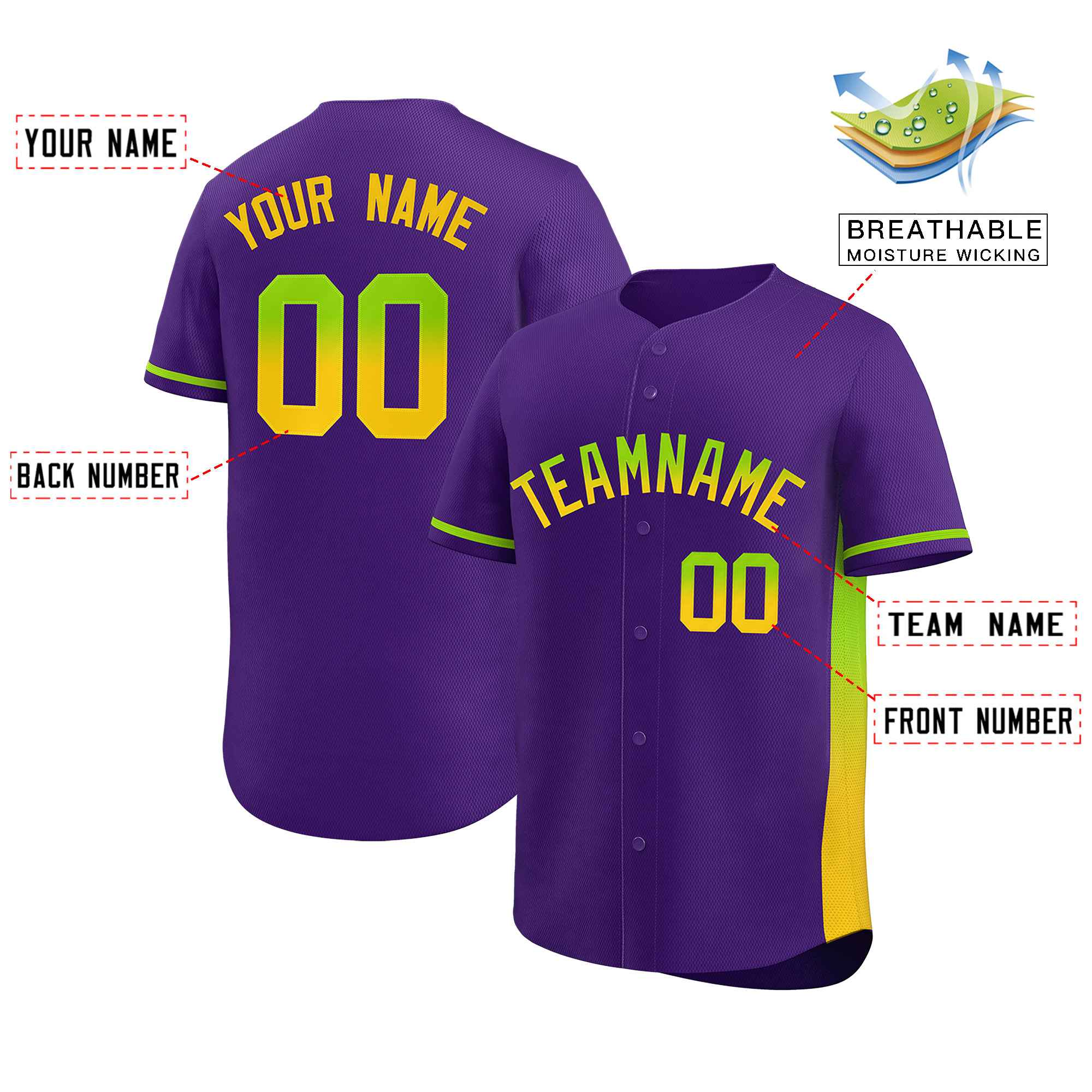 Custom Purple Neon Green-Gold Personalized Gradient Font And Side Design Authentic Baseball Jersey