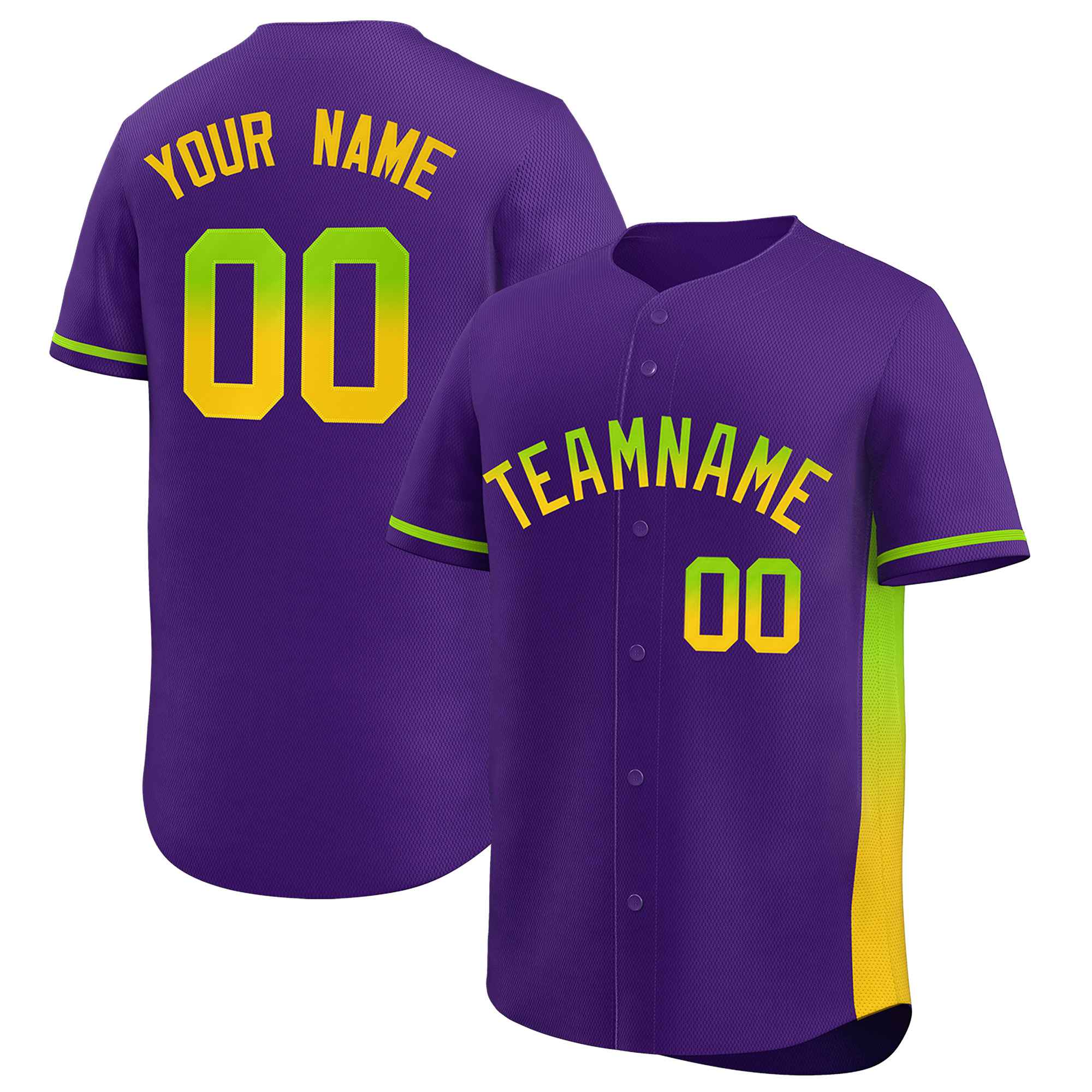 Custom Purple Neon Green-Gold Personalized Gradient Font And Side Design Authentic Baseball Jersey