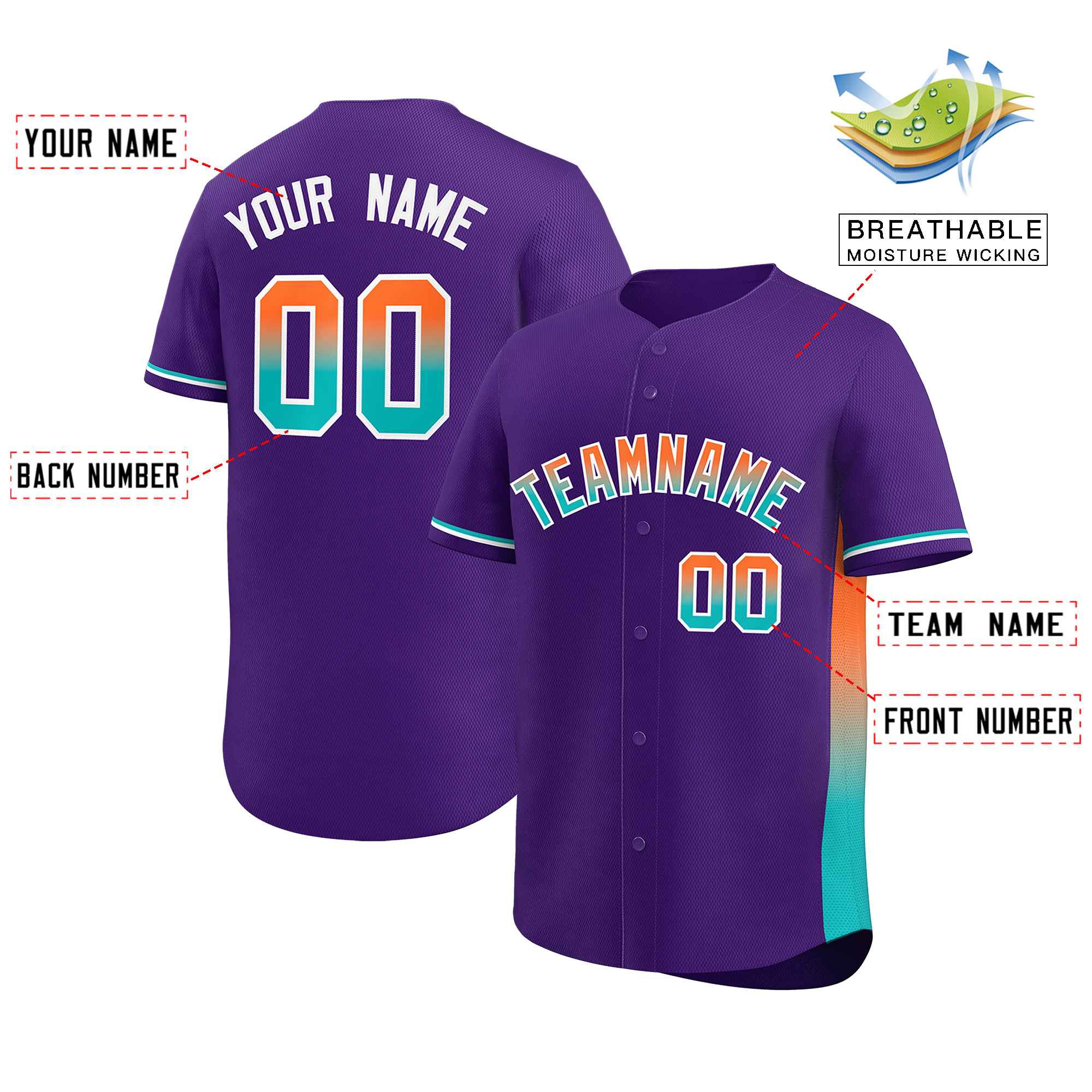 Custom Purple Orange-Aqua Personalized Gradient Font And Side Design Authentic Baseball Jersey