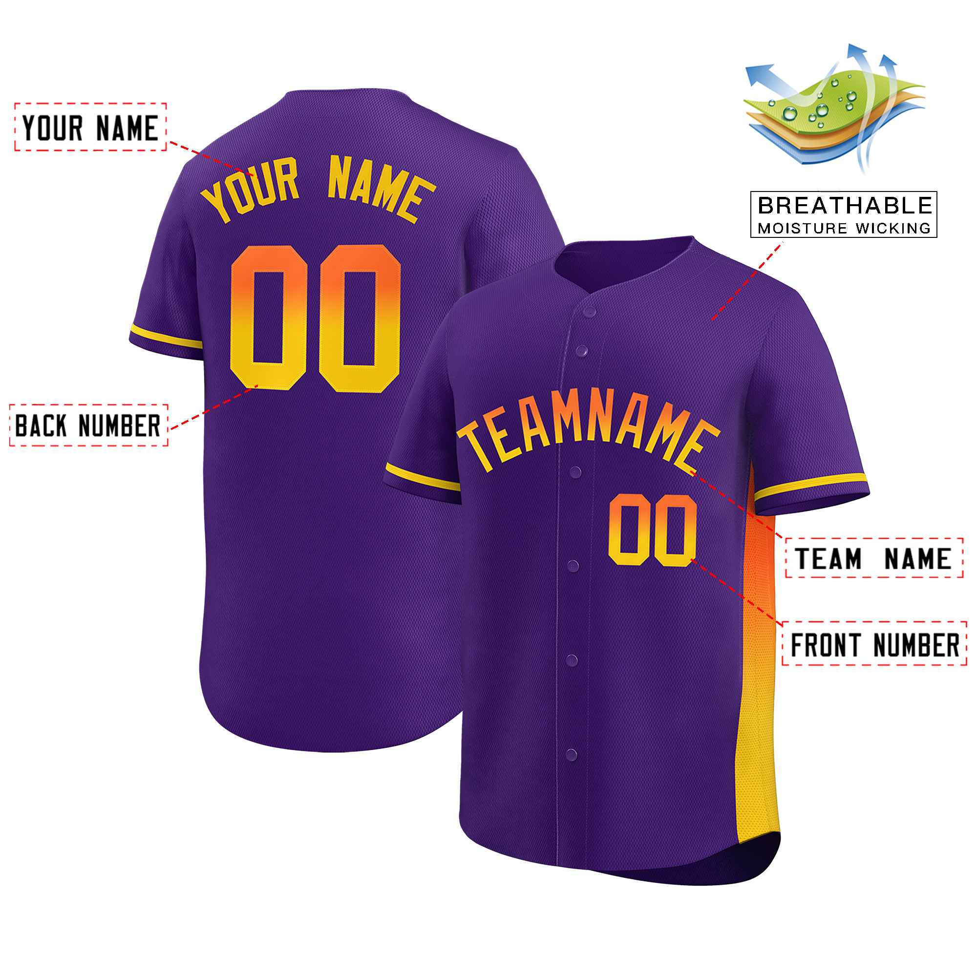 Custom Purple Orange-Gold Personalized Gradient Font And Side Design Authentic Baseball Jersey