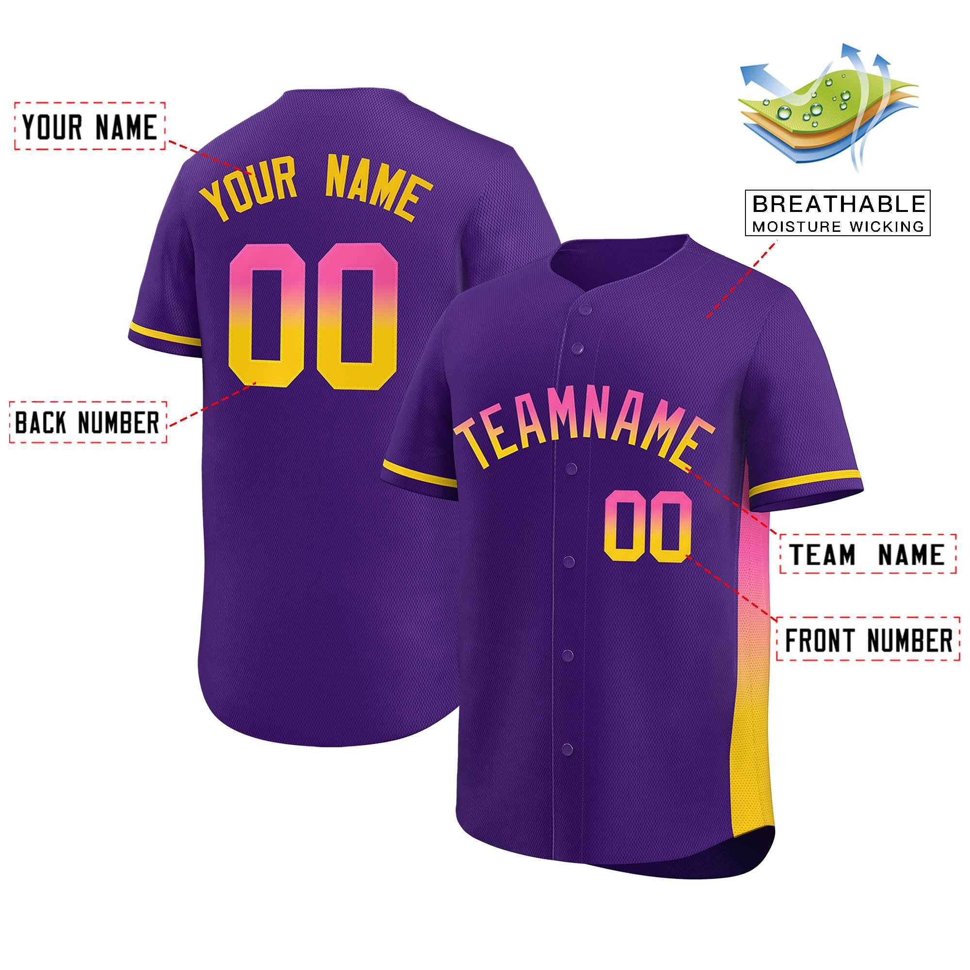 Custom Purple Pink-Gold Personalized Gradient Font And Side Design Authentic Baseball Jersey