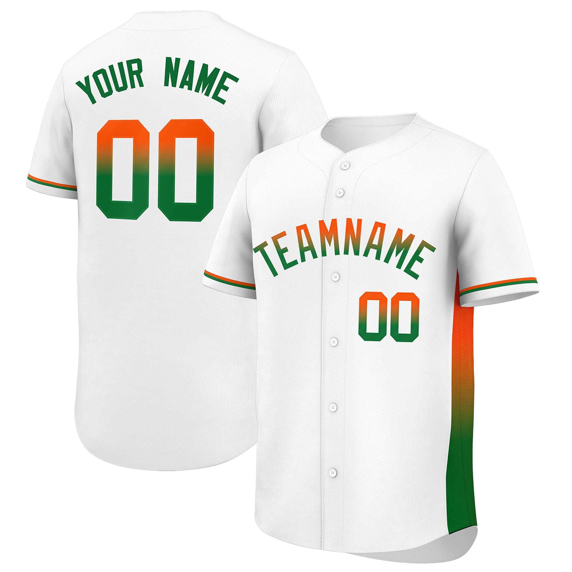 Custom White Orange-Kelly Green Personalized Gradient Font And Side Design Authentic Baseball Jersey