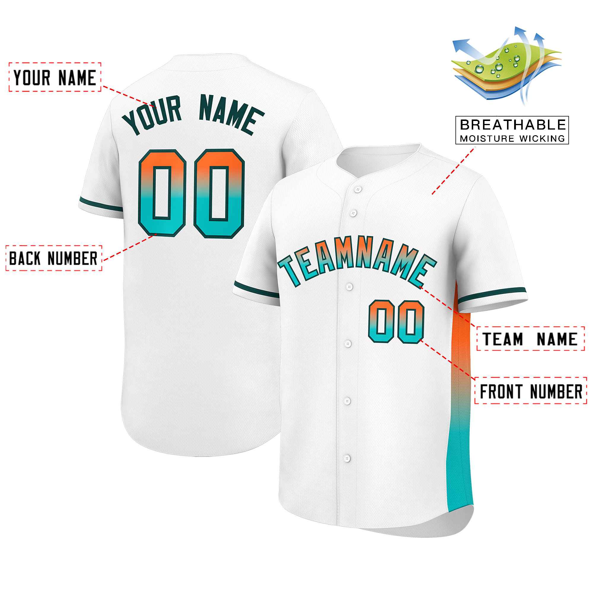 Custom White Orange-Aqua Personalized Gradient Font And Side Design Authentic Baseball Jersey