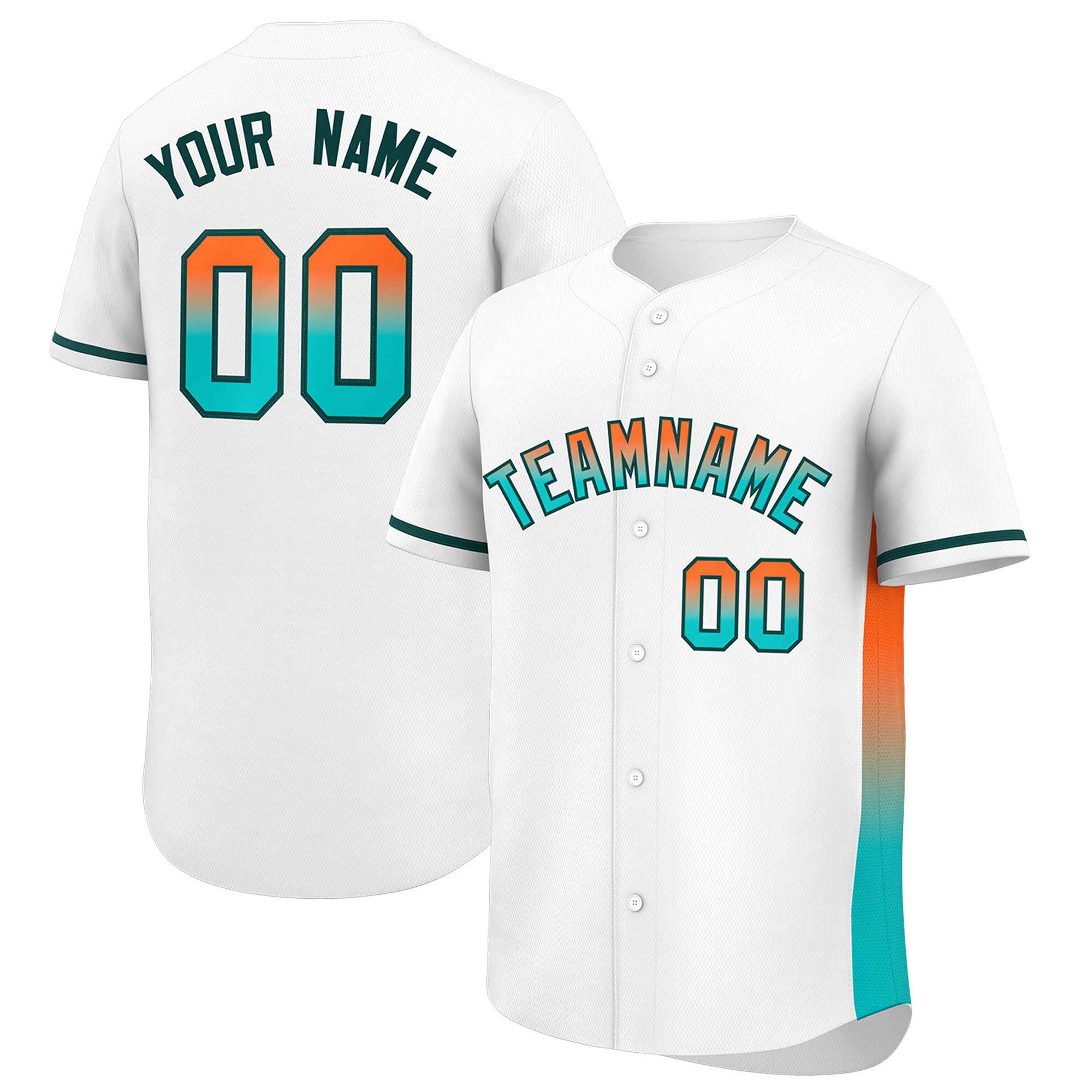 Custom White Orange-Aqua Personalized Gradient Font And Side Design Authentic Baseball Jersey