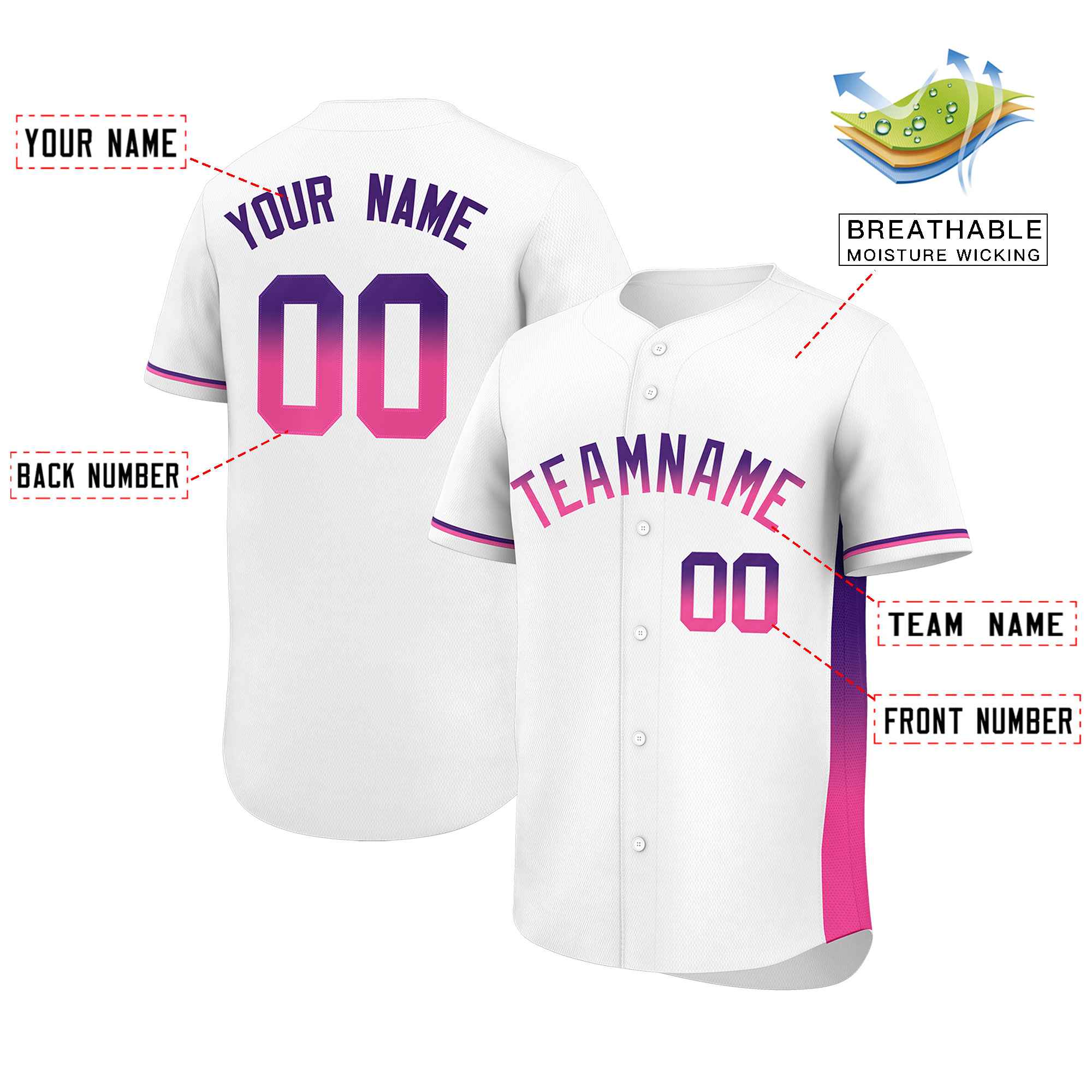 Custom White Purple-Pink Personalized Gradient Font And Side Design Authentic Baseball Jersey