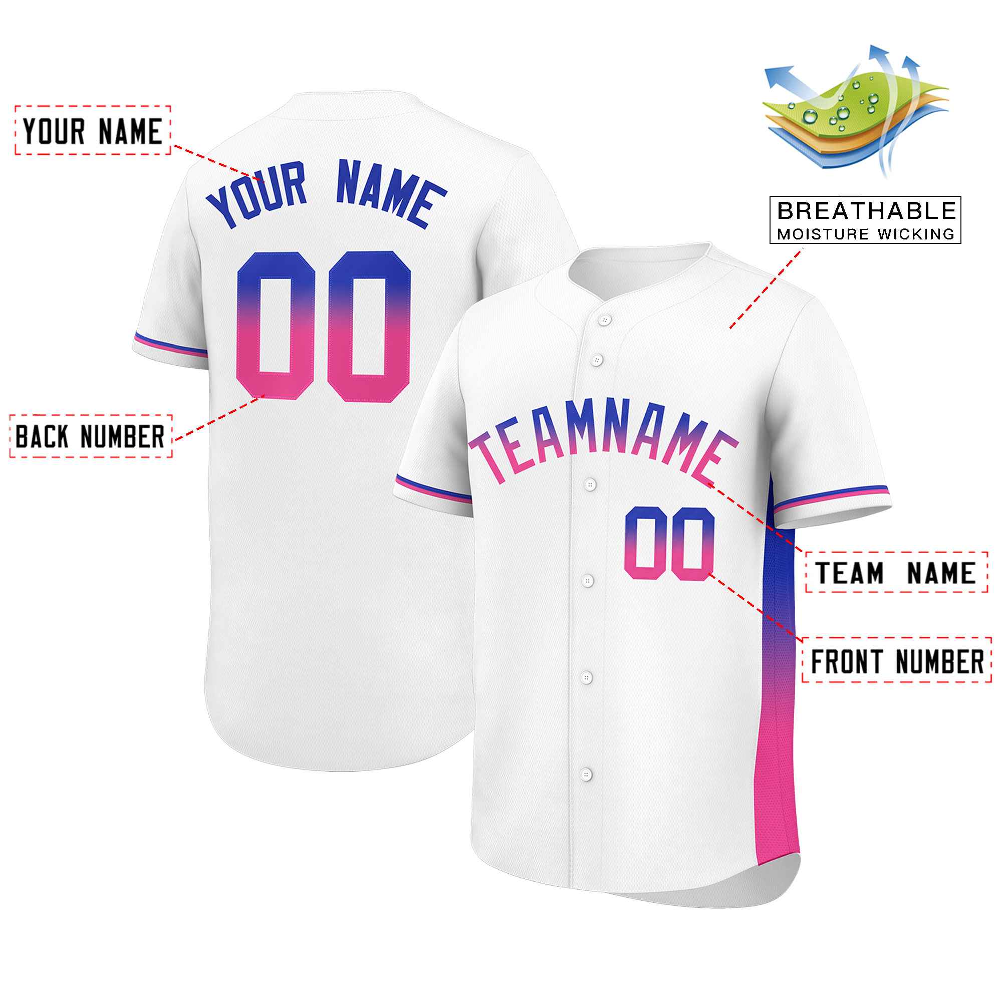 Custom White Royal-Pink Personalized Gradient Font And Side Design Authentic Baseball Jersey