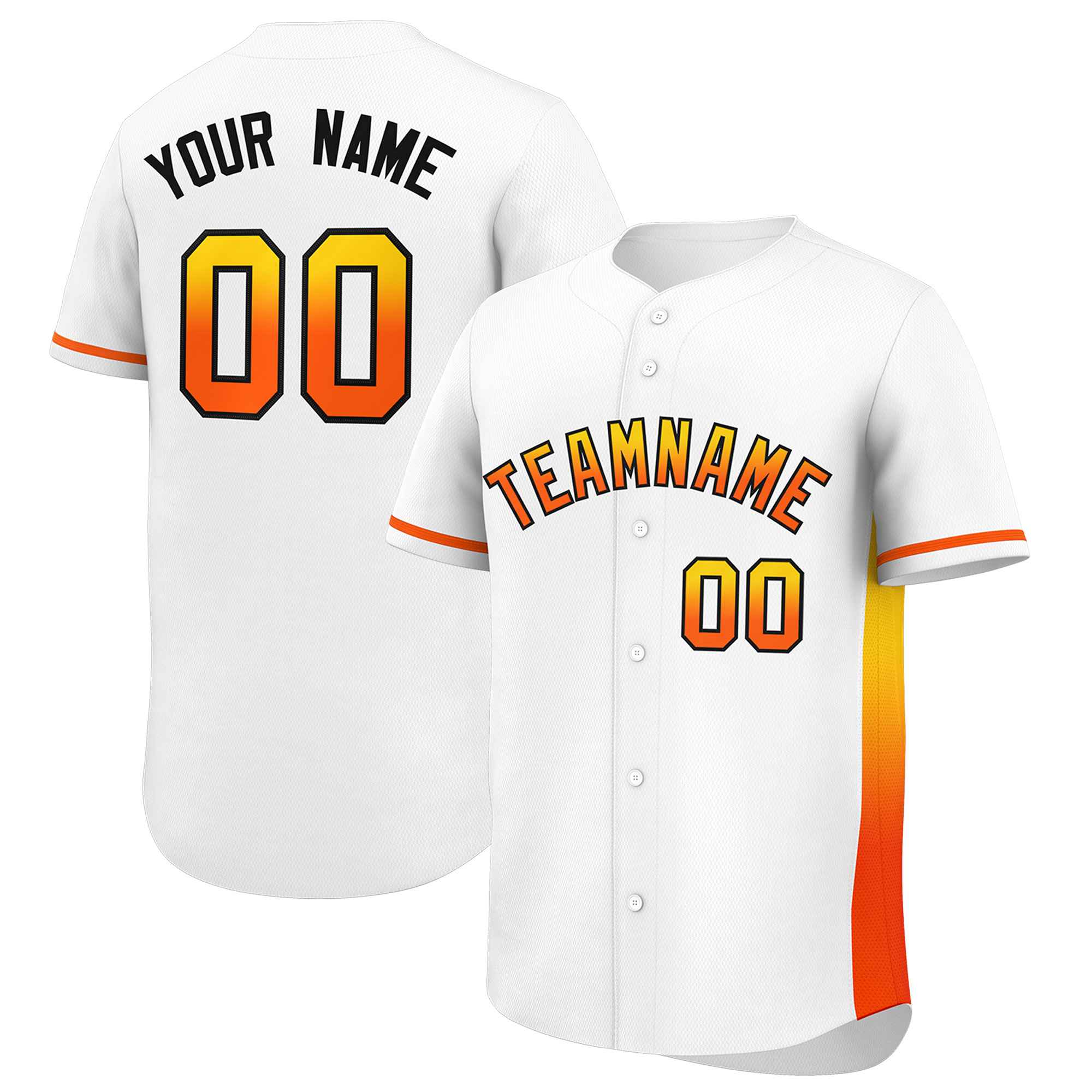 Custom White Gold-Orange Personalized Gradient Font And Side Design Authentic Baseball Jersey