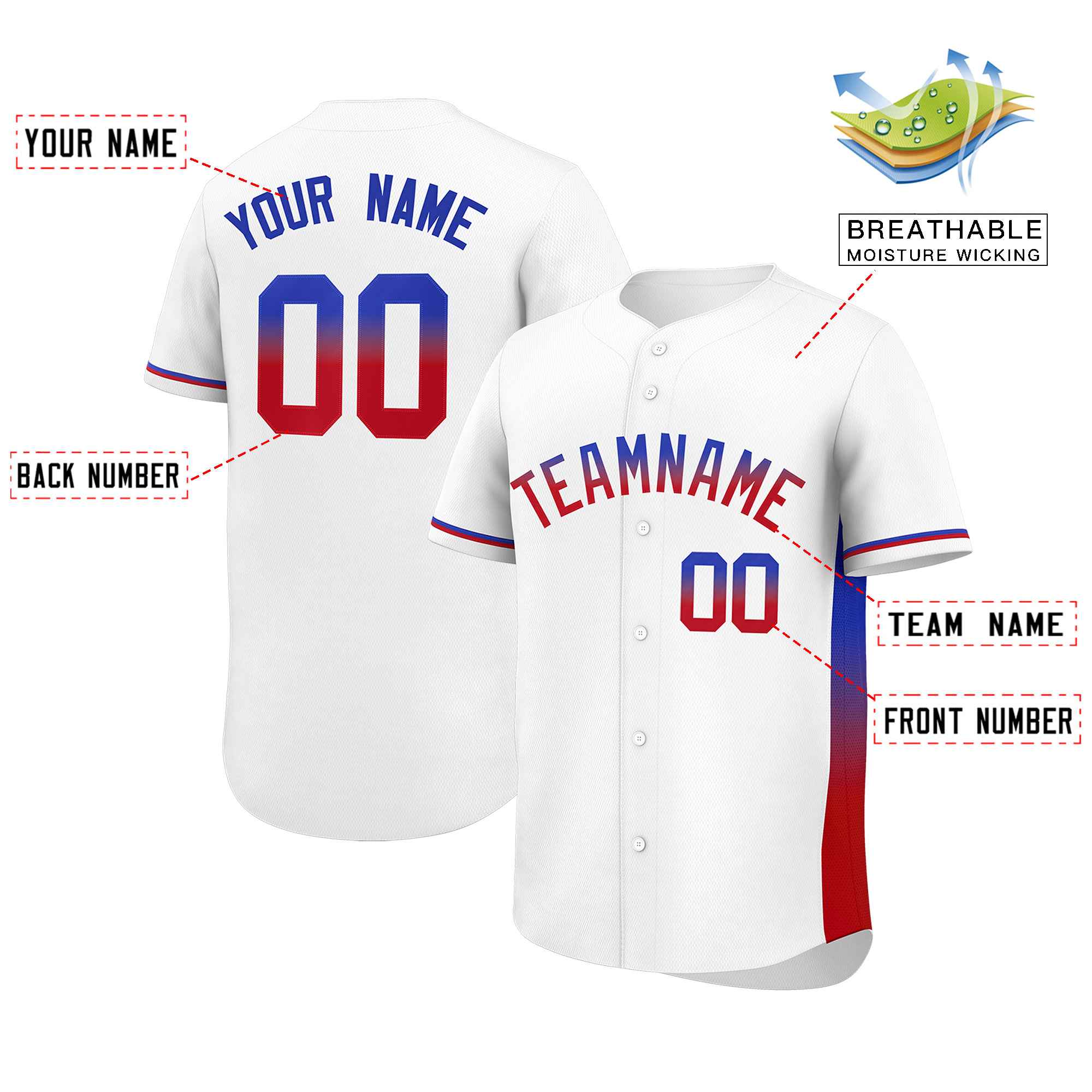 Custom White Royal-Red Personalized Gradient Font And Side Design Authentic Baseball Jersey