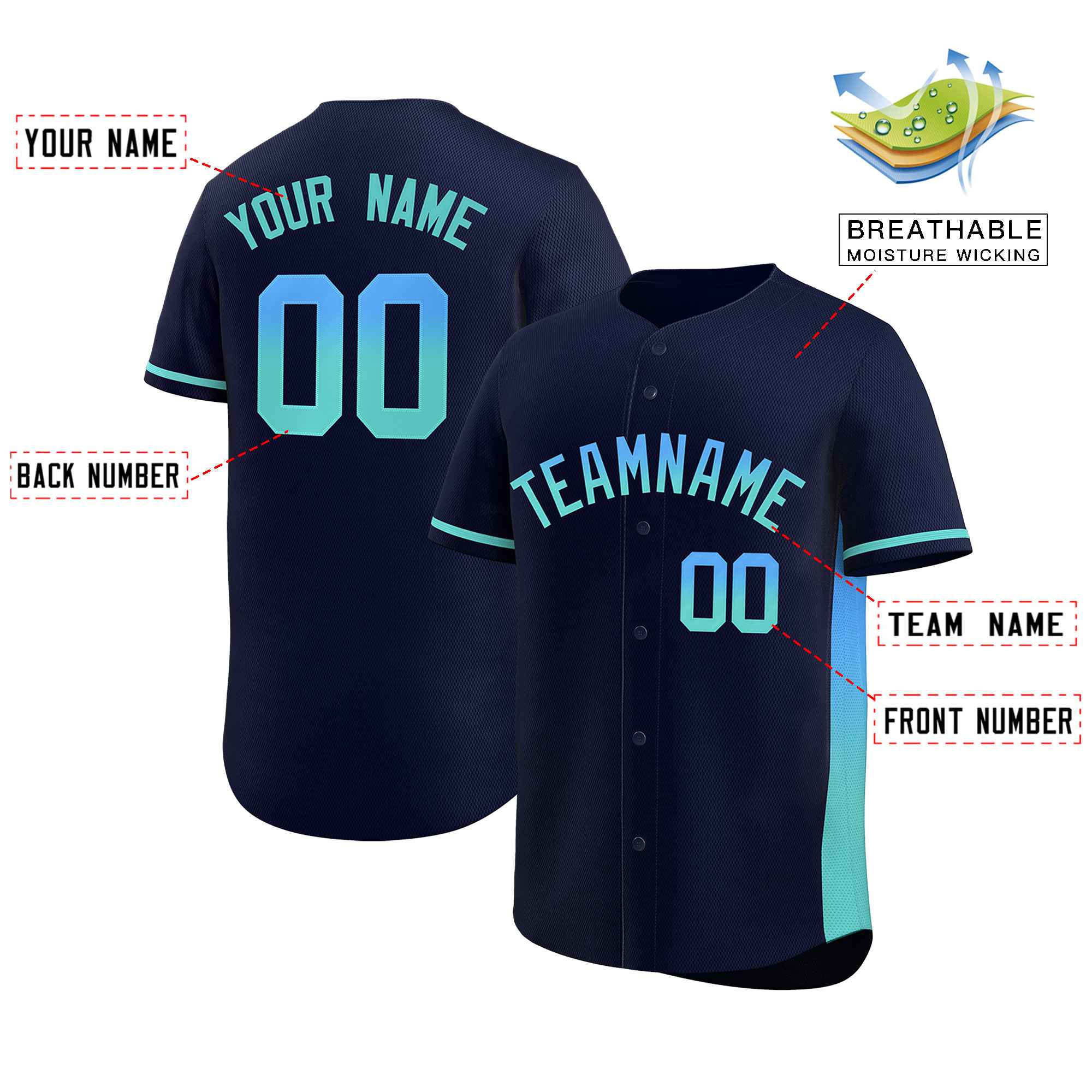 Custom Navy Powder Blue-Lt Green Personalized Gradient Font And Side Design Authentic Baseball Jersey