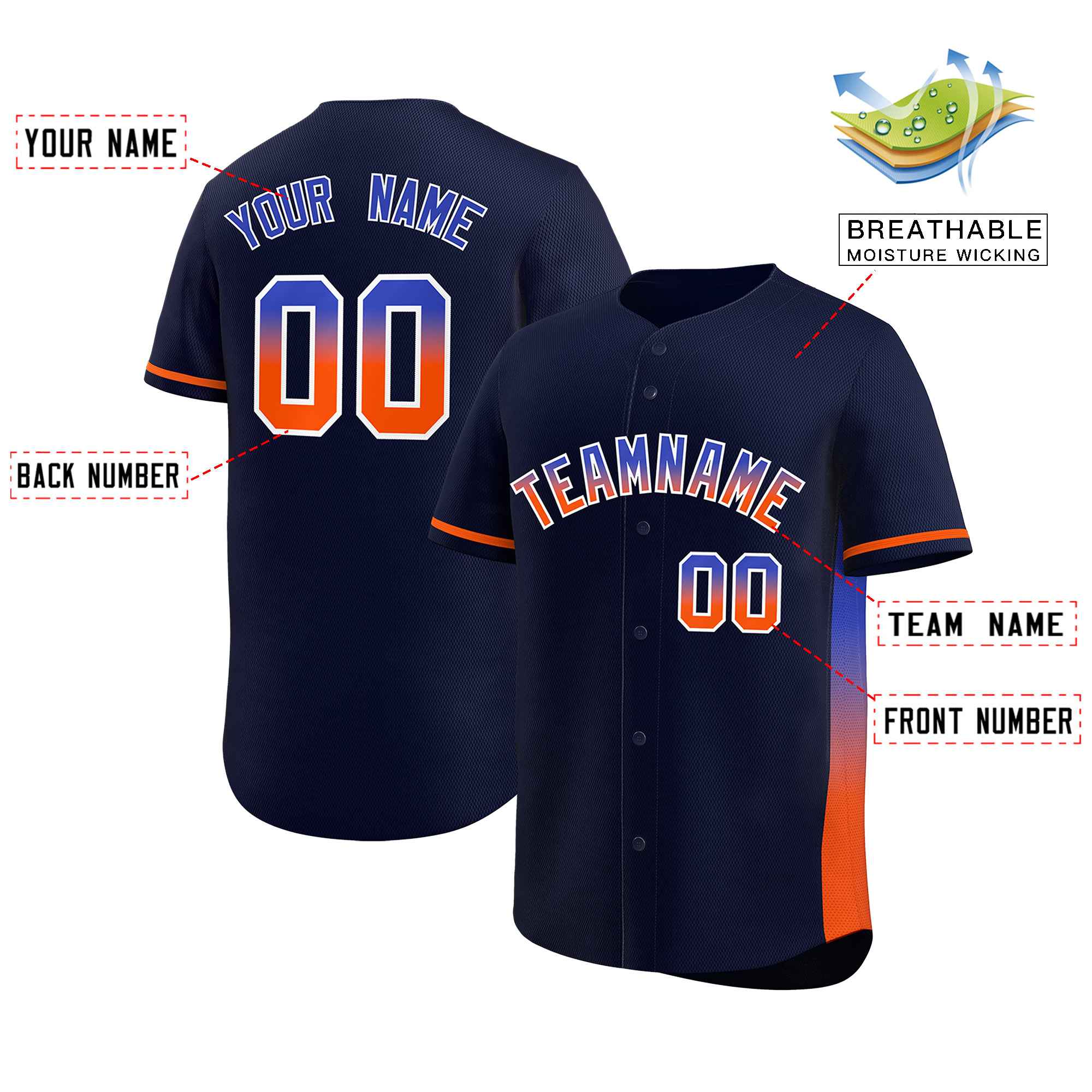 Custom Navy Royal-Orange Personalized Gradient Font And Side Design Authentic Baseball Jersey