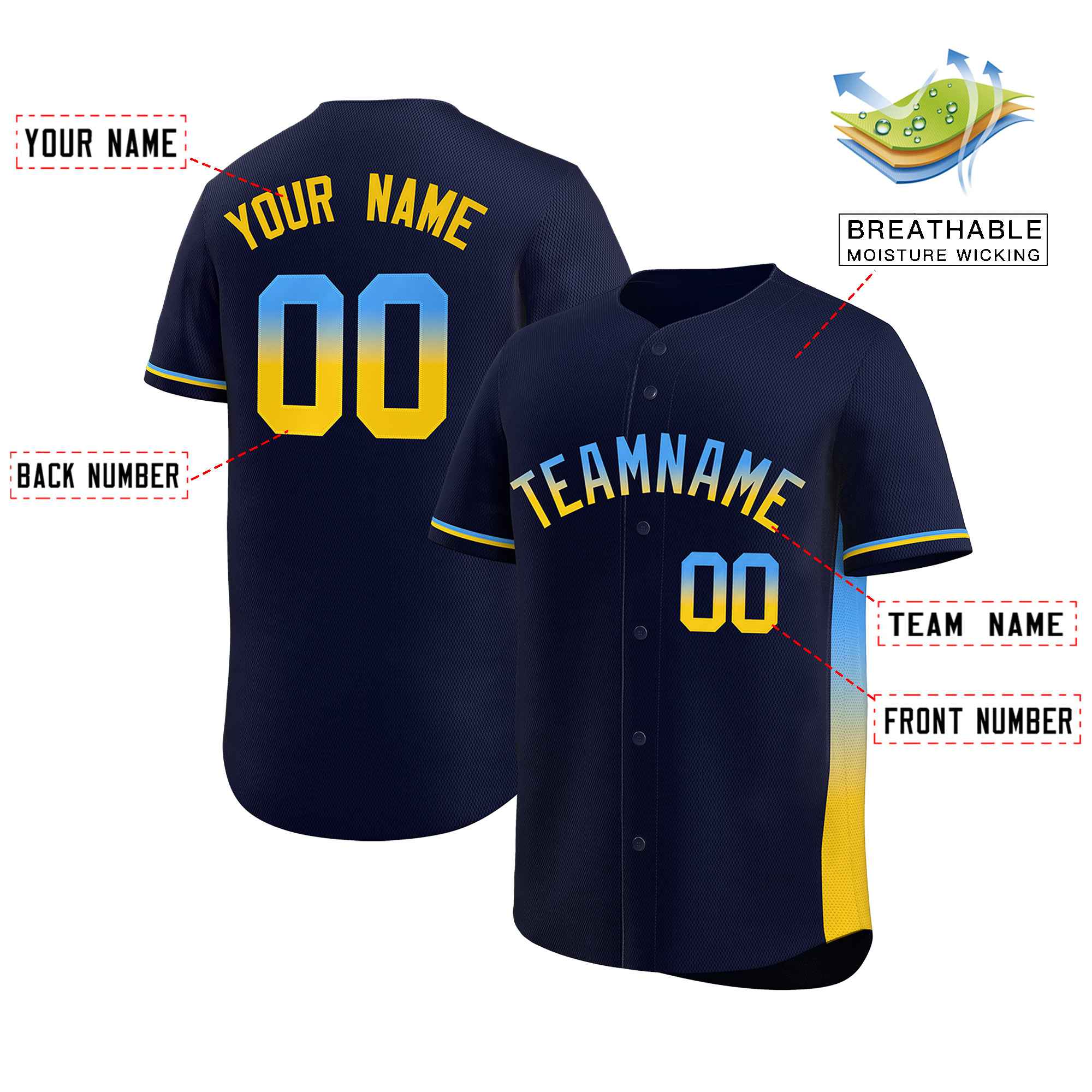 Custom Navy Powder Blue-Gold Personalized Gradient Font And Side Design Authentic Baseball Jersey