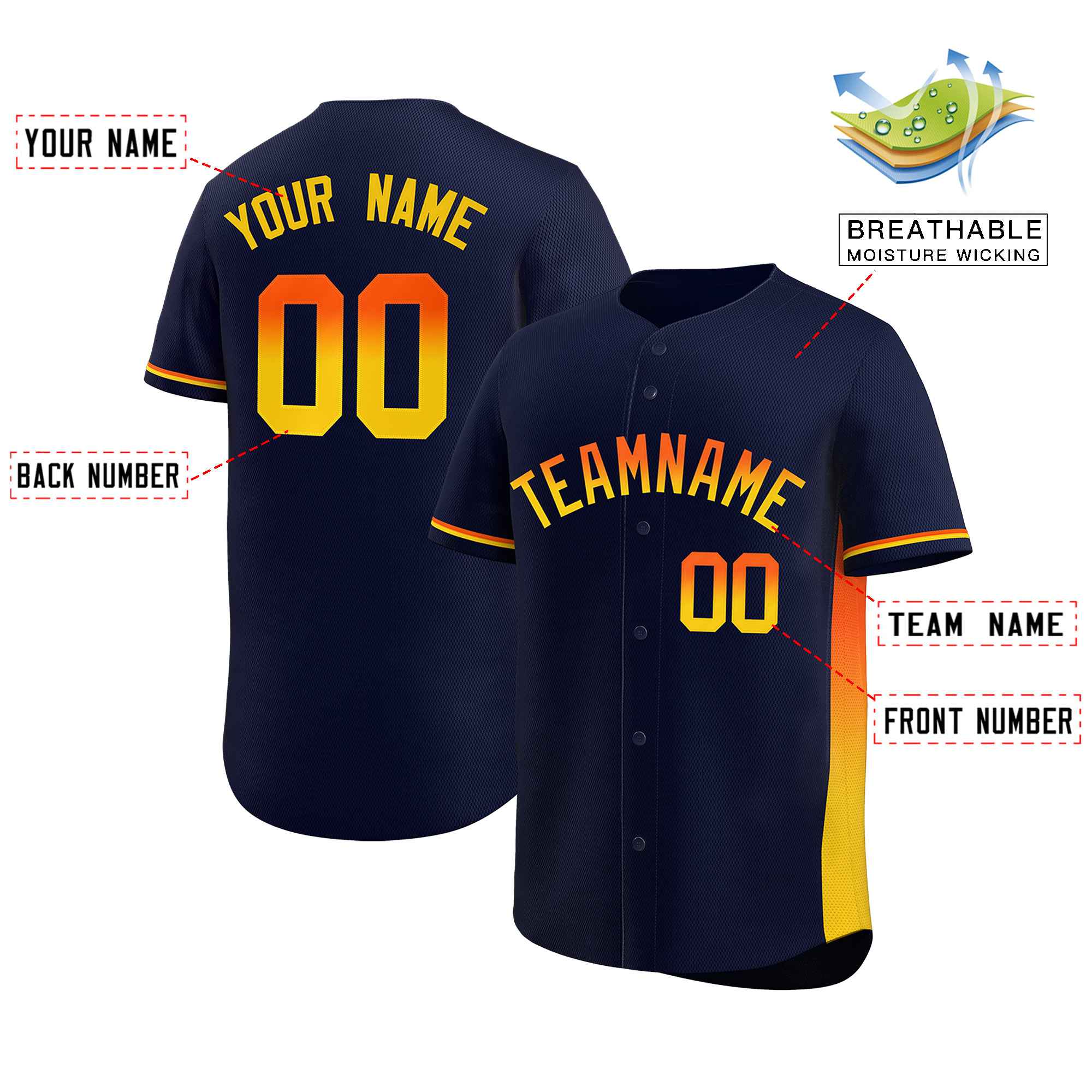 Custom Navy Orange-Gold Personalized Gradient Font And Side Design Authentic Baseball Jersey