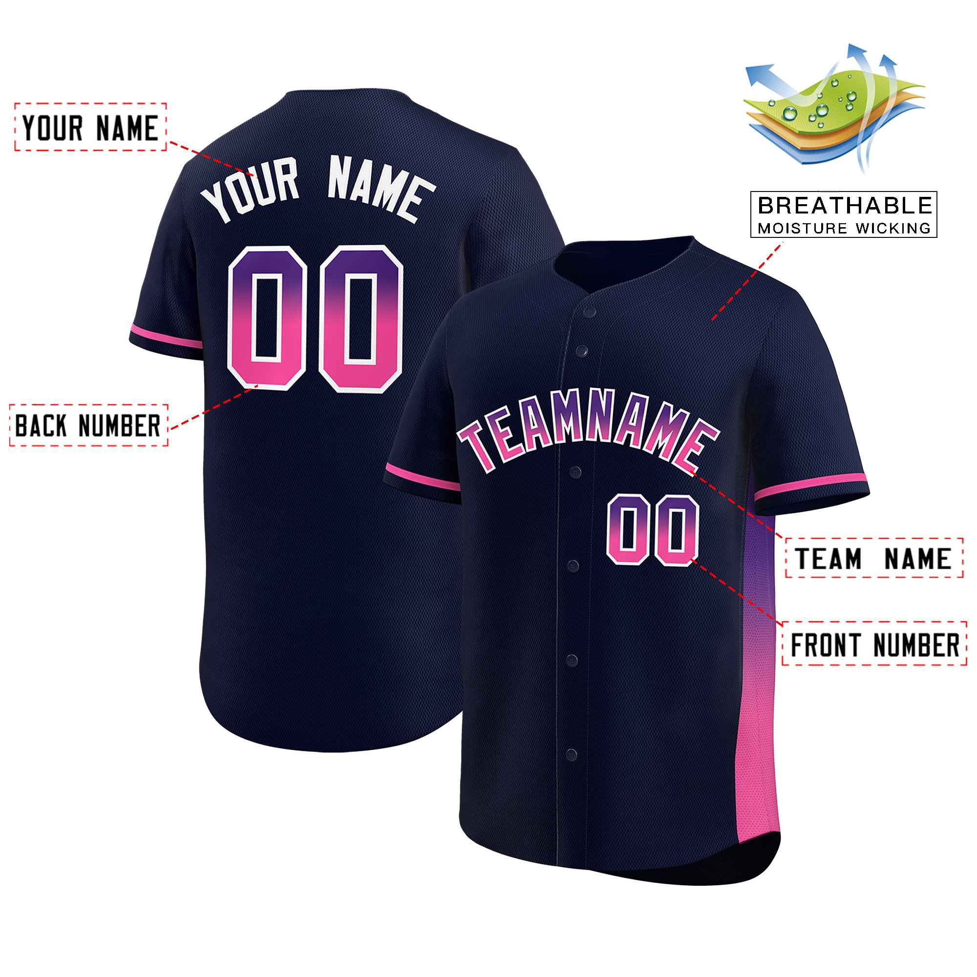 Custom Navy Purple-Pink Personalized Gradient Font And Side Design Authentic Baseball Jersey