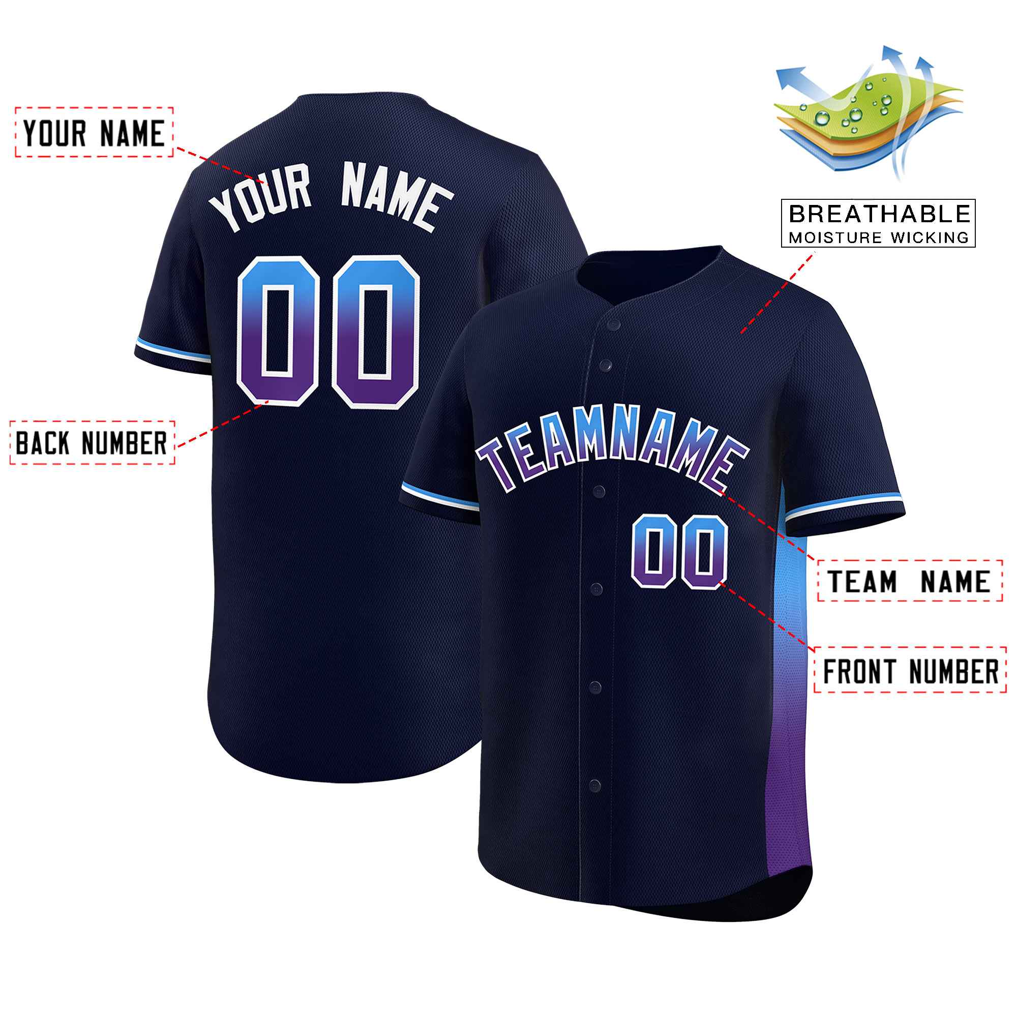 Custom Navy Powder Blue-Purple Personalized Gradient Font And Side Design Authentic Baseball Jersey