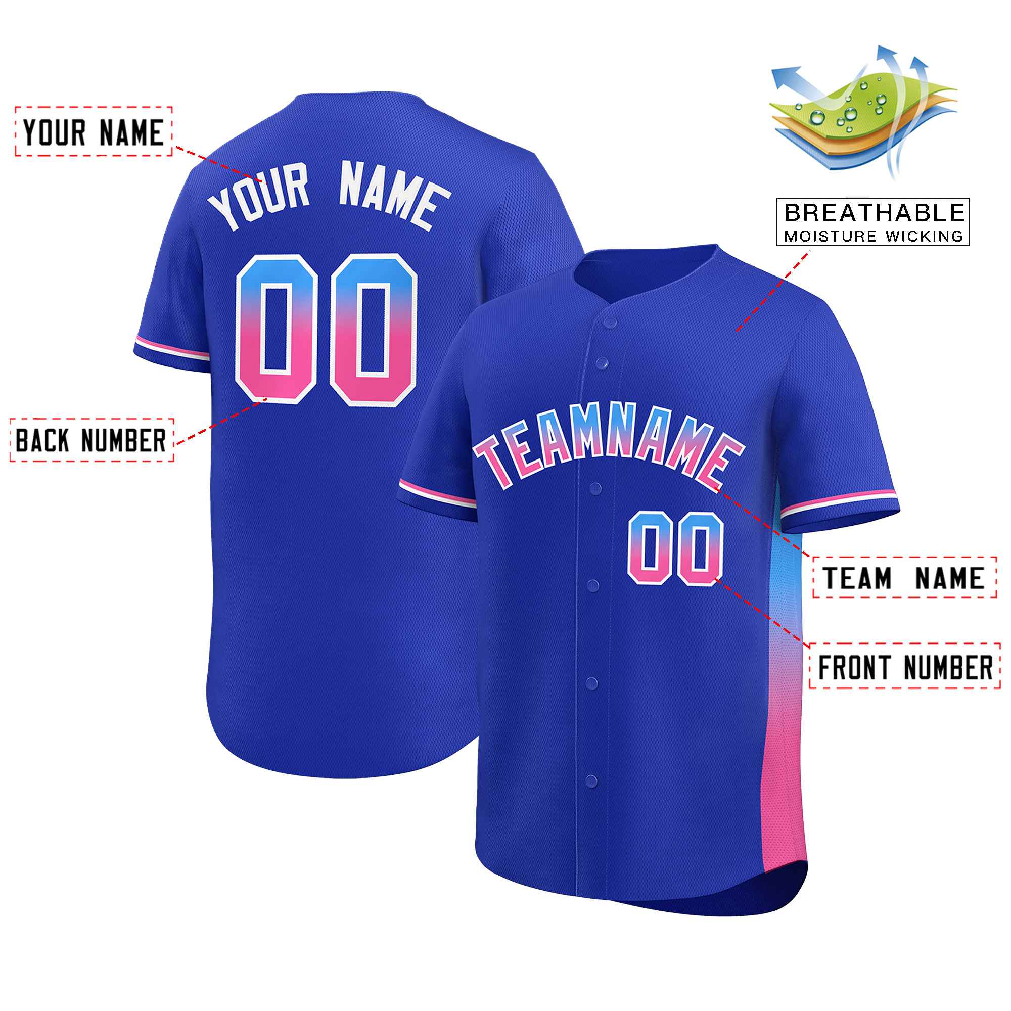 Custom Royal Powder Blue-Pink Personalized Gradient Font And Side Design Authentic Baseball Jersey