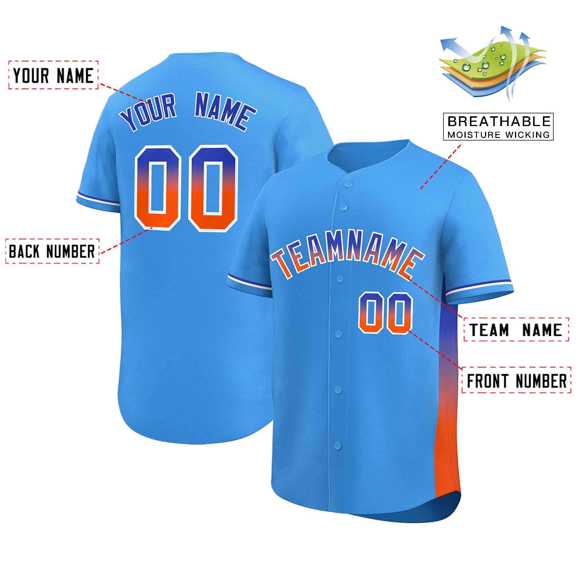 Custom Powder Blue Royal-Orange Personalized Gradient Font And Side Design Authentic Baseball Jersey